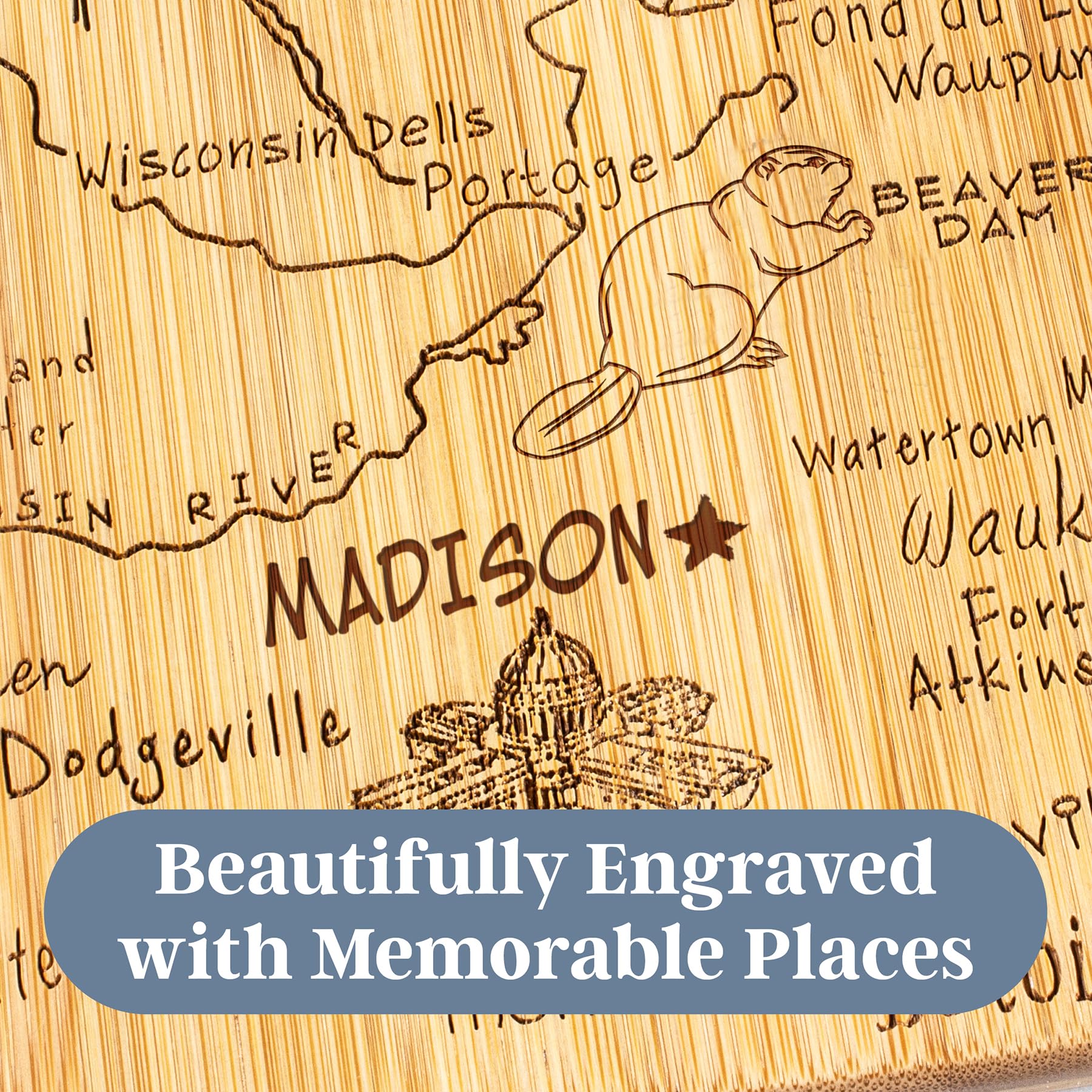 Totally Bamboo Destination Wisconsin State Shaped Serving and Cutting Board, Includes Hang Tie for Wall Display
