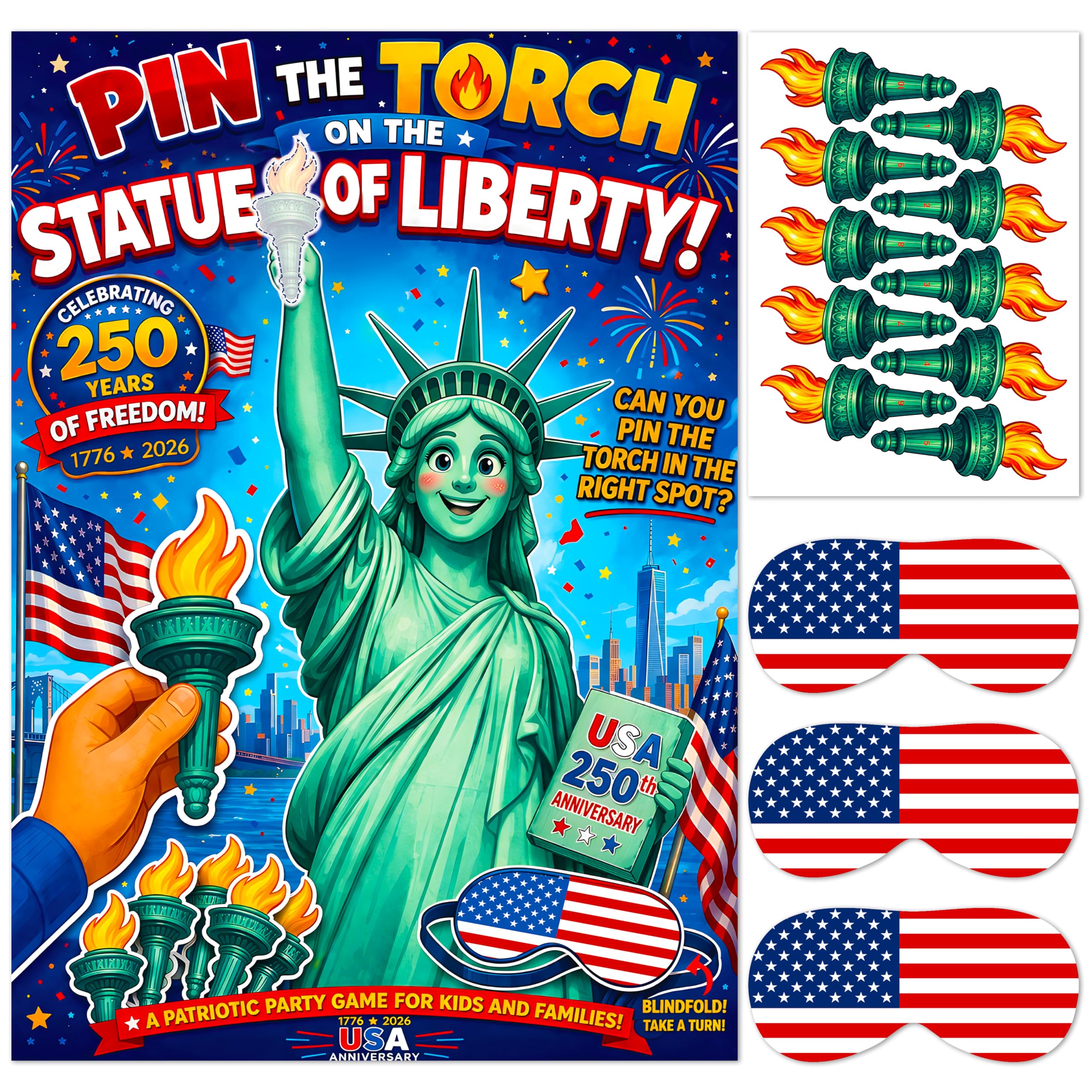 Jester Fiesta Pin the Torch on the Statue of Liberty USA 250th Anniversary Party Game – A1 Patriotic Poster with 27 Numbered Torch Stickers, 3 USA Blindfolds & Independence Day