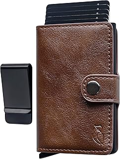 TMSP Minimalist Leather Ejector Wallet - RFID Blocking Leather Wallet Credit Card Holder Front Pocket Wallets for Men and Women - Pop Up Card Holder Quick Card Acceess EDC Gear (Buttoned Otter Brown)