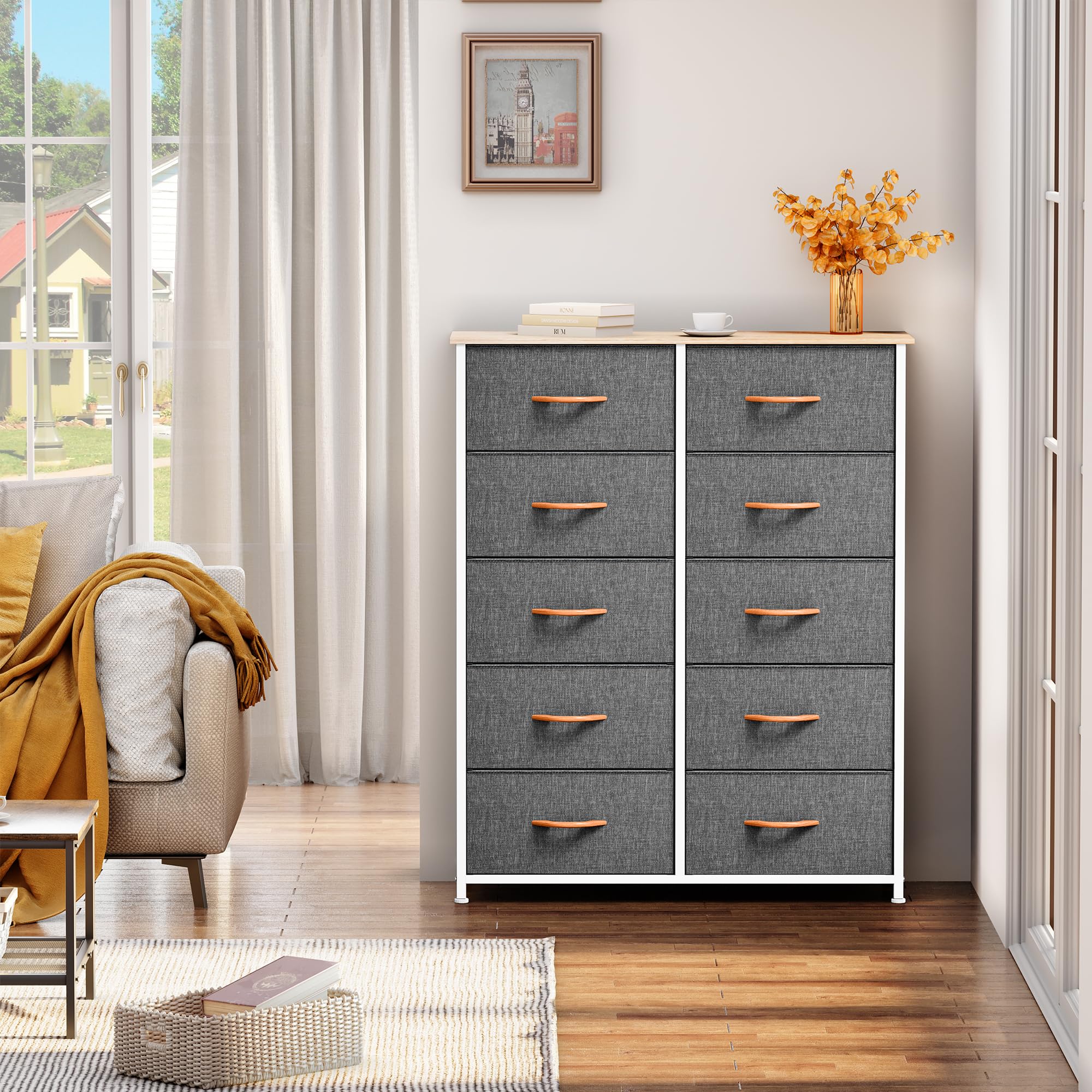 YITAHOME Cassettiera in tessuto con 10 cassetti,Struttura in Metallo, Cassettiera Salvaspazio Camera da Letto,per Soggiorno, Ingresso, Corridoio, Cameretta e Ufficio,Grigio Freddo