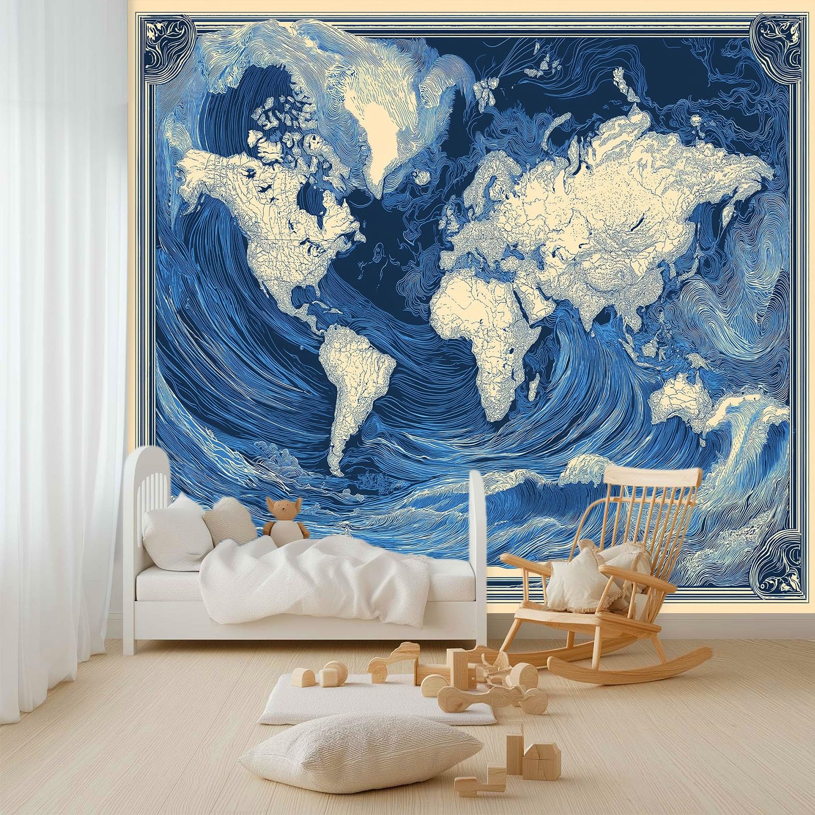 Générique Plakat retro mapa świata z falami oceanu, panoramiczna tapeta 500 x 280 cm, fototapeta z włókniny, do salonu i sypialni, kuchni, niebieski plakat obrazy ścienne