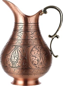 DEMMEX The Pitcher, 1mm Solid Copper Handmade Engraved Copper Pitcher Vessel Ayurveda Jug for Drinking Water, Moscow Mule, Cocktail Matte-Engraved