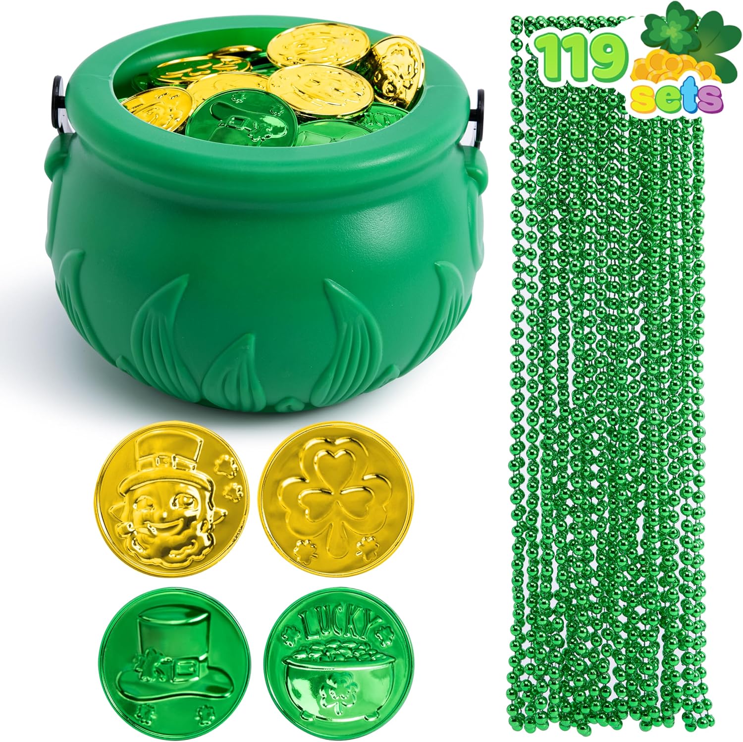 JOYIN 119 Pcs St. Patrick’s Party Supplies Set, 18 Bead Necklaces, 100 Plastic Coins and 1 Cauldron, St Patrick’s Day Party Favor Supply (Green Cauldron, Bead Necklace, Green and Gold Coins)