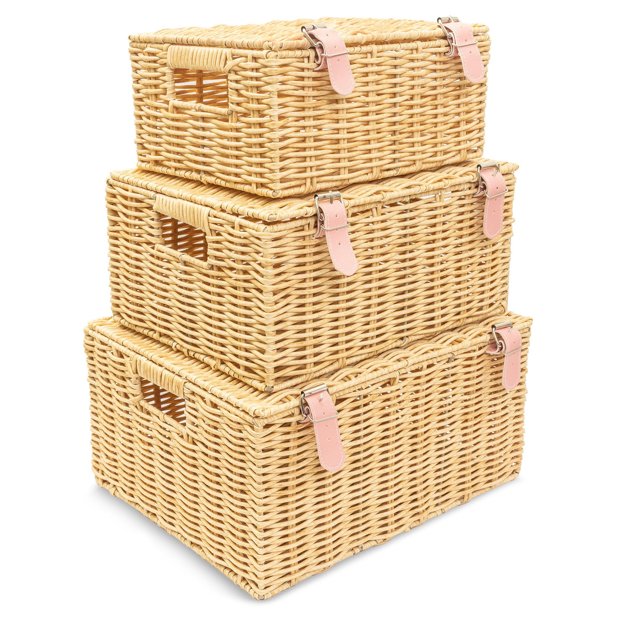 Wicker Storage Baskets with Lids – Set of 3 (Large, Medium, Small) for Organizing Clothes, Toys, Books – Stackable Basket with Lid for Bedroom, Nursery, and Home Decor