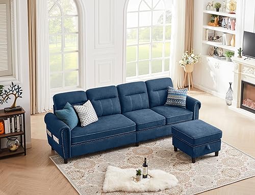Miniatura 7 de Sofá modular convertible de 107 pulgadas, sofá en forma de L de 4 asientos con diván de almacenamiento y bolsillo, sofás modernos de lino para sala