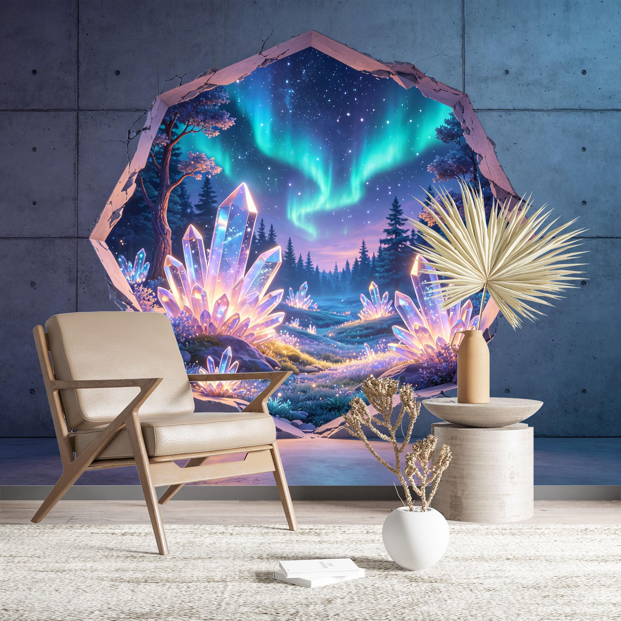 Custom Size Wall Murals Crystal Forest with Aurora Through Cracked Wall 3D Self-Adhesive Wall Fabric (NO PVC) Removable Wallpaper for Living Room Kids Room