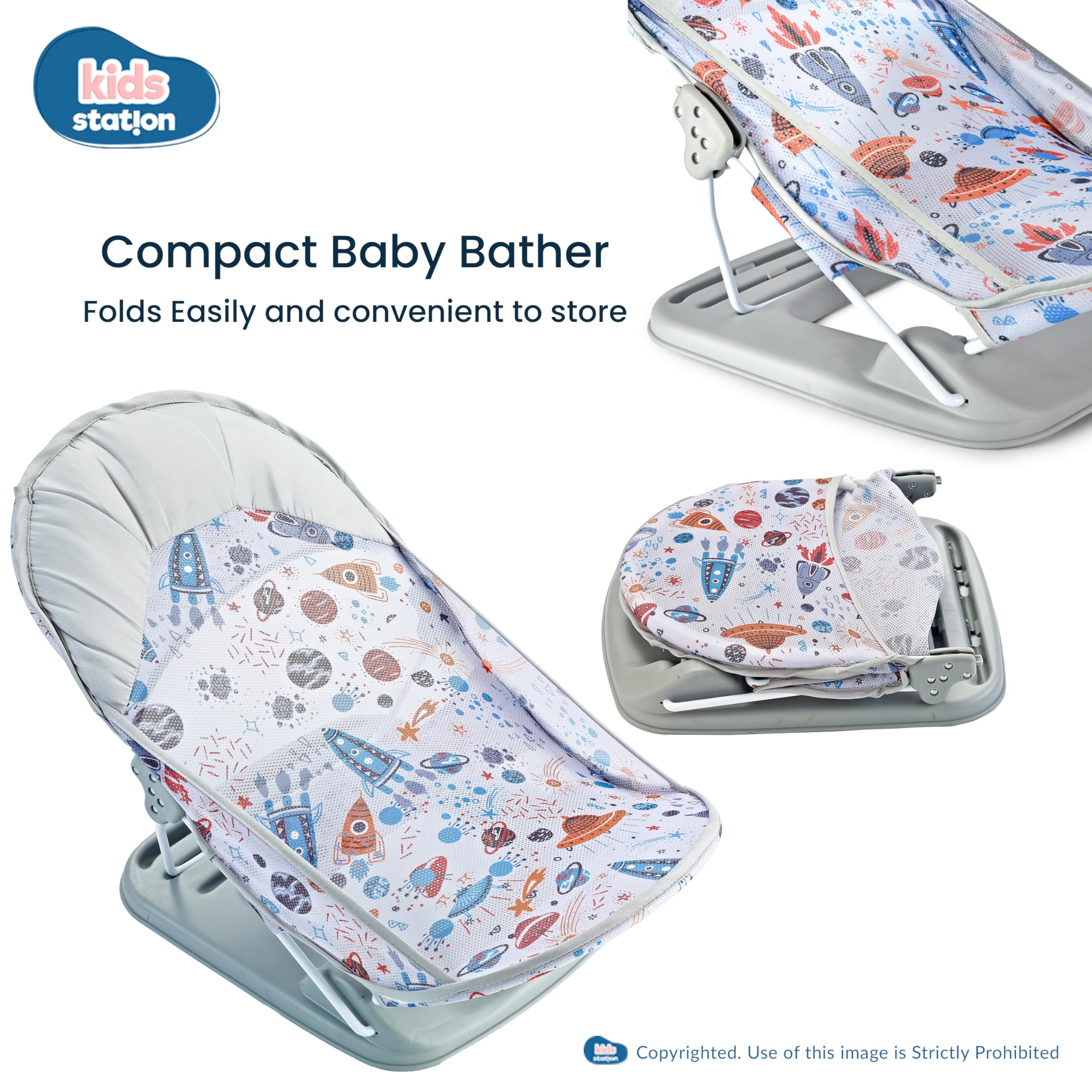 Kids Station Newborn Baby Bather | Bath Chair for Newborns and Infants 0-12 Months | Foldable | 3 Position Adjustable Chair | Anti Skid Base | Washable Soft Mesh Seat | for Babies Upto 5Kg (Grey) - Image 5 thumbnail