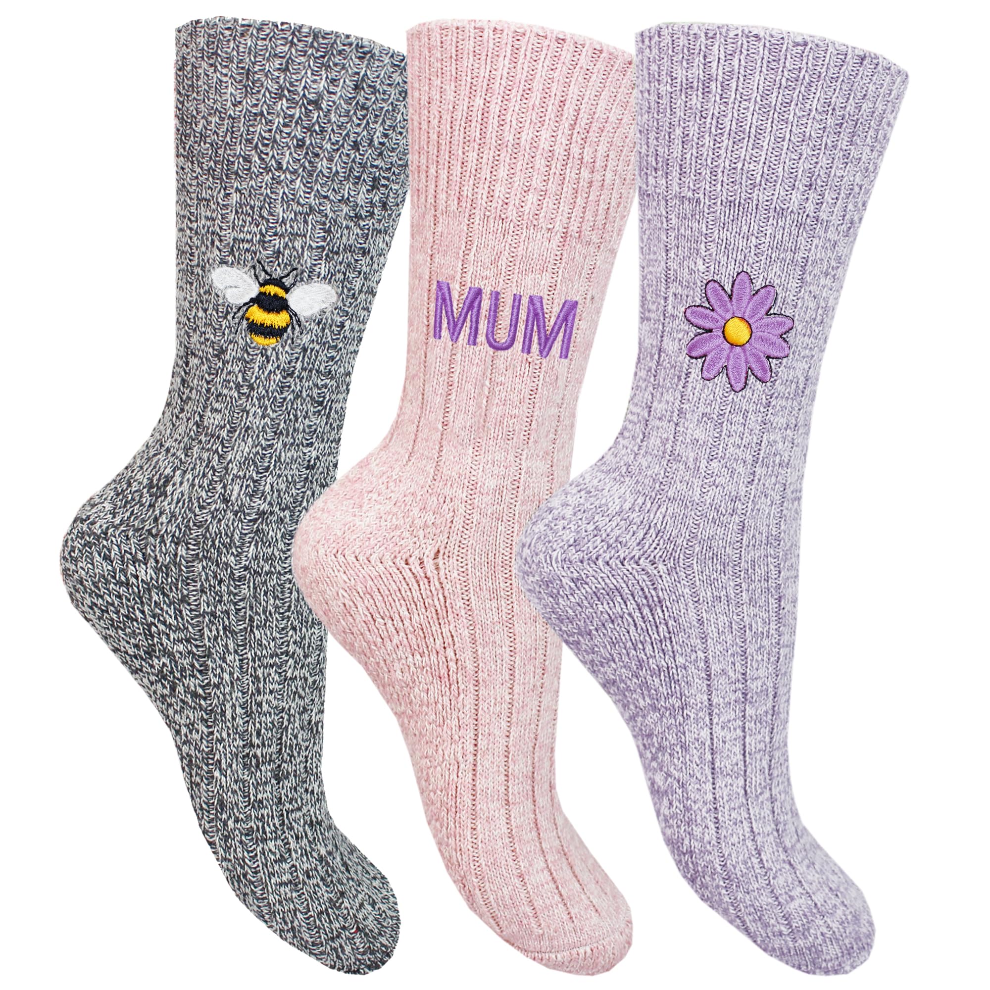 TeddyT's Personalised Women's Embroidered Bumble Bee & Daisy Flower Walking Boot Socks (UK, Numeric, 4, 7, Regular, Regular, Pink Mix)