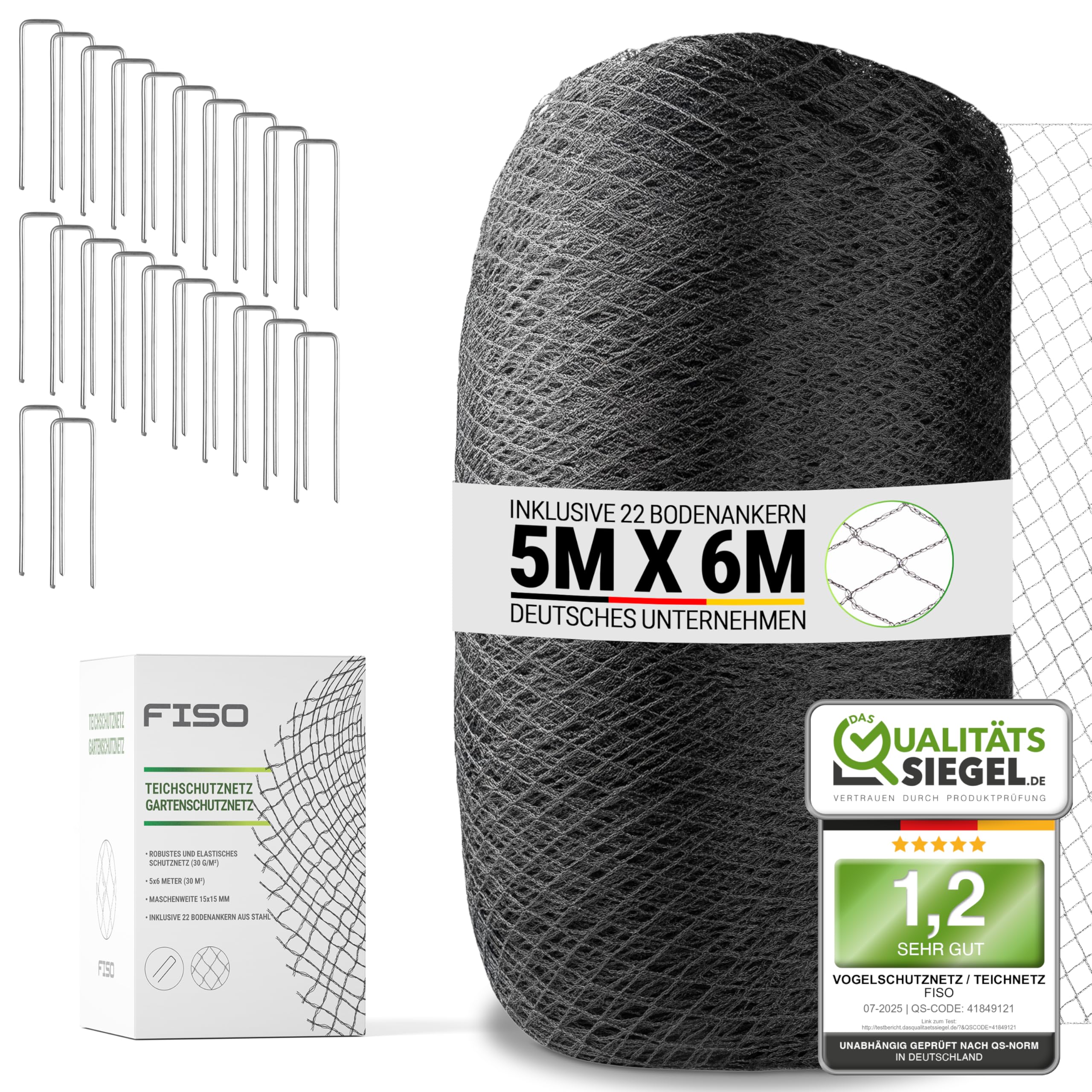 FISO® Teichnetz - 5x6m I Vogelschutznetz engmaschig, robust, witterungs- & UV-beständig I Schwarzes Teich Netz feinmaschig (15x15mm) I Netz zum Schutz von Teich, Balkon, Kirschbaum & Mehr