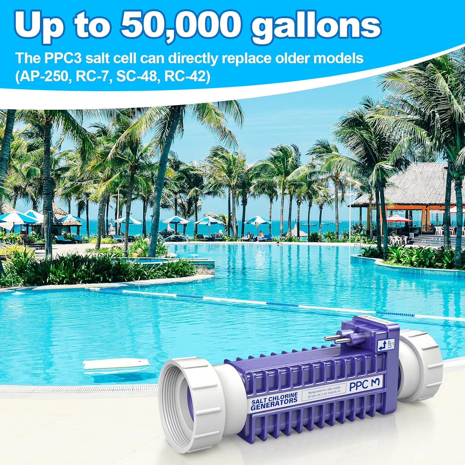 PPC3 Salt Cell Compatible with Autopilot Pool Pilot Digital System, Replaces The Older Models AP-250, RC-7, SC-48 & RC-42, and is Suitable for 50,000-gallon Pools