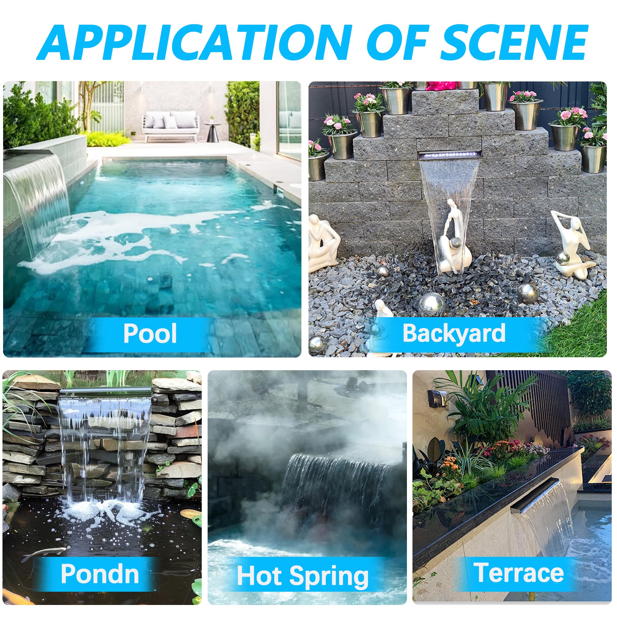 Cascata per laghetto, cascata in acciaio inox, con accessori, ampio beccuccio, gioco d'acqua, cascata, per giardino, patio, piscina, fontana per laghetto (40 cm)