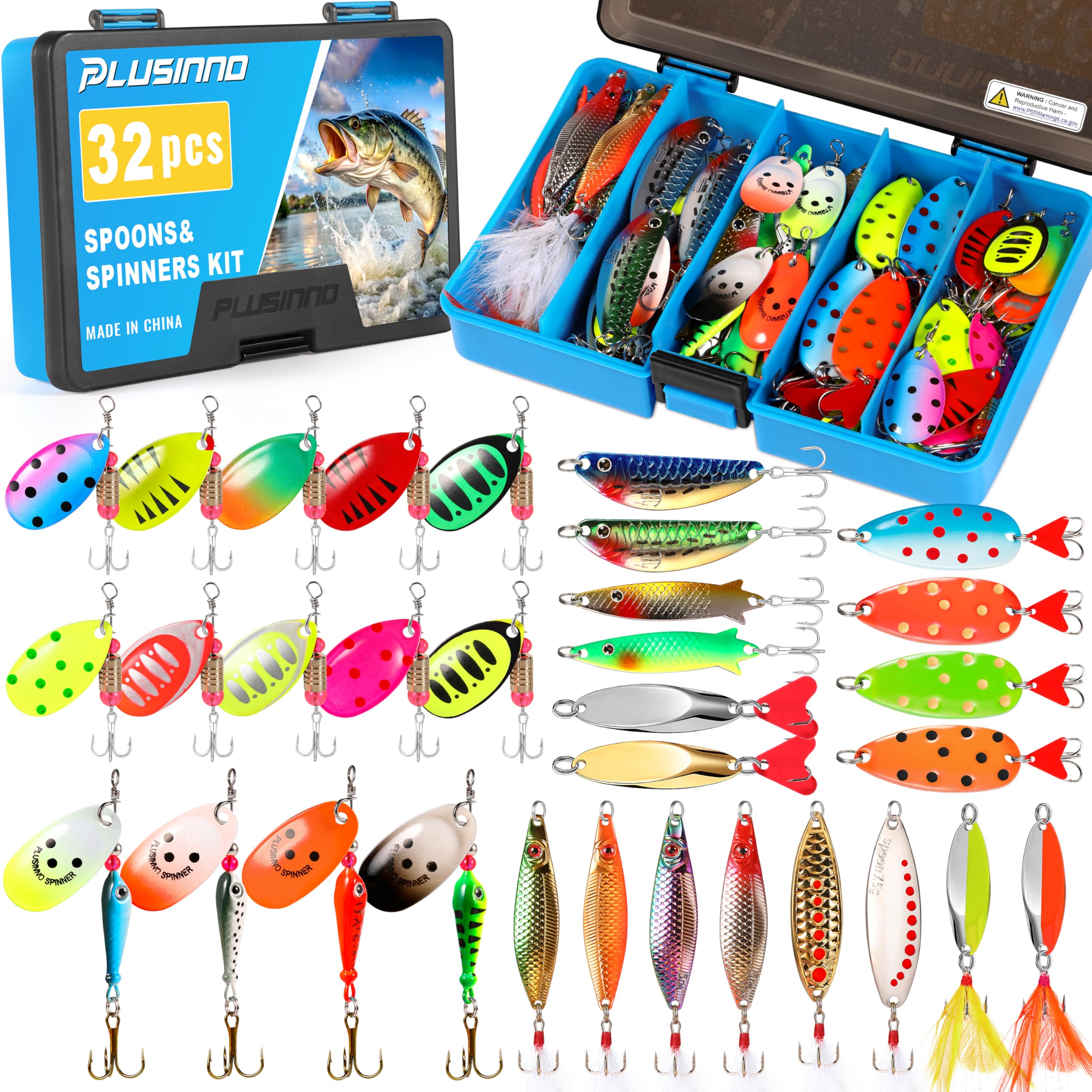 PLUSINNO Fishing Lures Spinner baits for Bass - 16/32 pcs Spinner Lures Kit with Portable Carry Bag, Hard Metal Spinner Baits for Trout