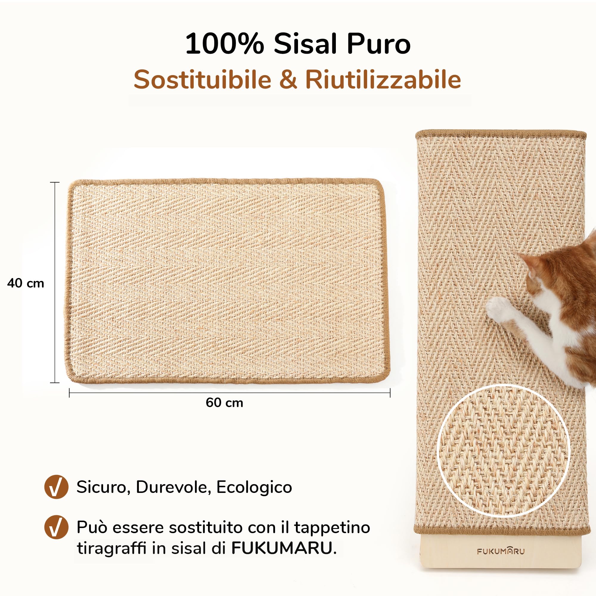 FUKUMARU Tappetino Tiragraffi per Gatti, 60cm Tiragraffi Inclinato in Sisal con Base in Legno a Forma di L, Tappetino Tiragraffi Sostituibile, Protettore per Mobili da Graffio per Divano e Mobili.