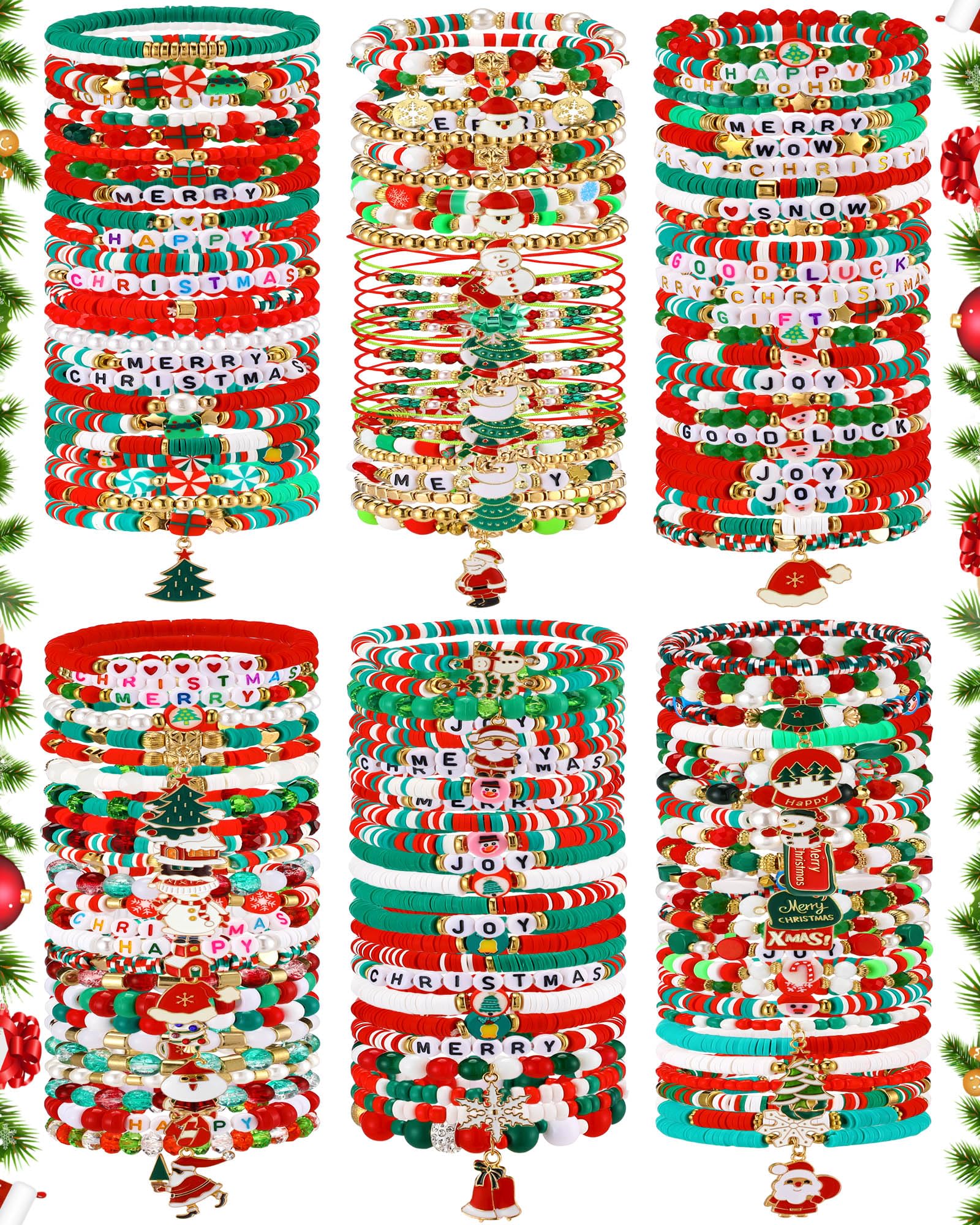 Huquary Weihnachts-Armbänder für Frauen, Weihnachts-Freundschaftsarmbänder, stapelbar, Perlen, Stretch-Armband, elastisch, Schmuckgeschenk, Geschenk für Urlaub, Party, Gastgeschenke