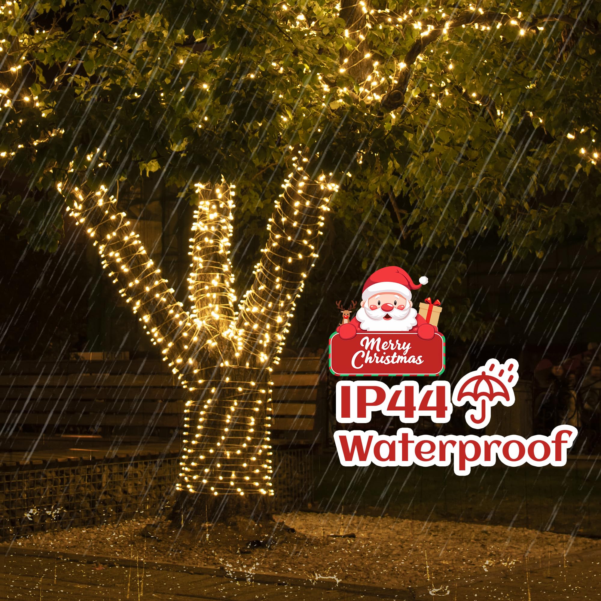 Guirnalda de luces de Navidad para interiores y exteriores, cable transparente, 200 luces LED de 66 pies conectables, luces de Navidad blancas cálidas para exteriores para dormitorio, 8 modos