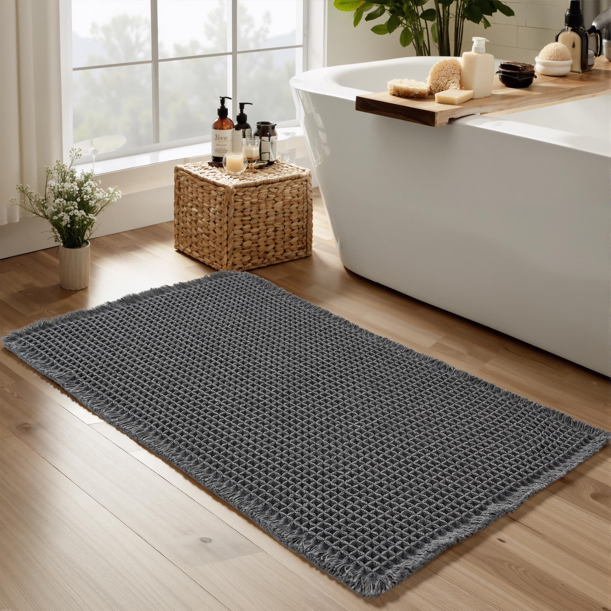 KGORGE Waffle Bath Mat Black Non Slip Dry Fast for Bathroom Tub