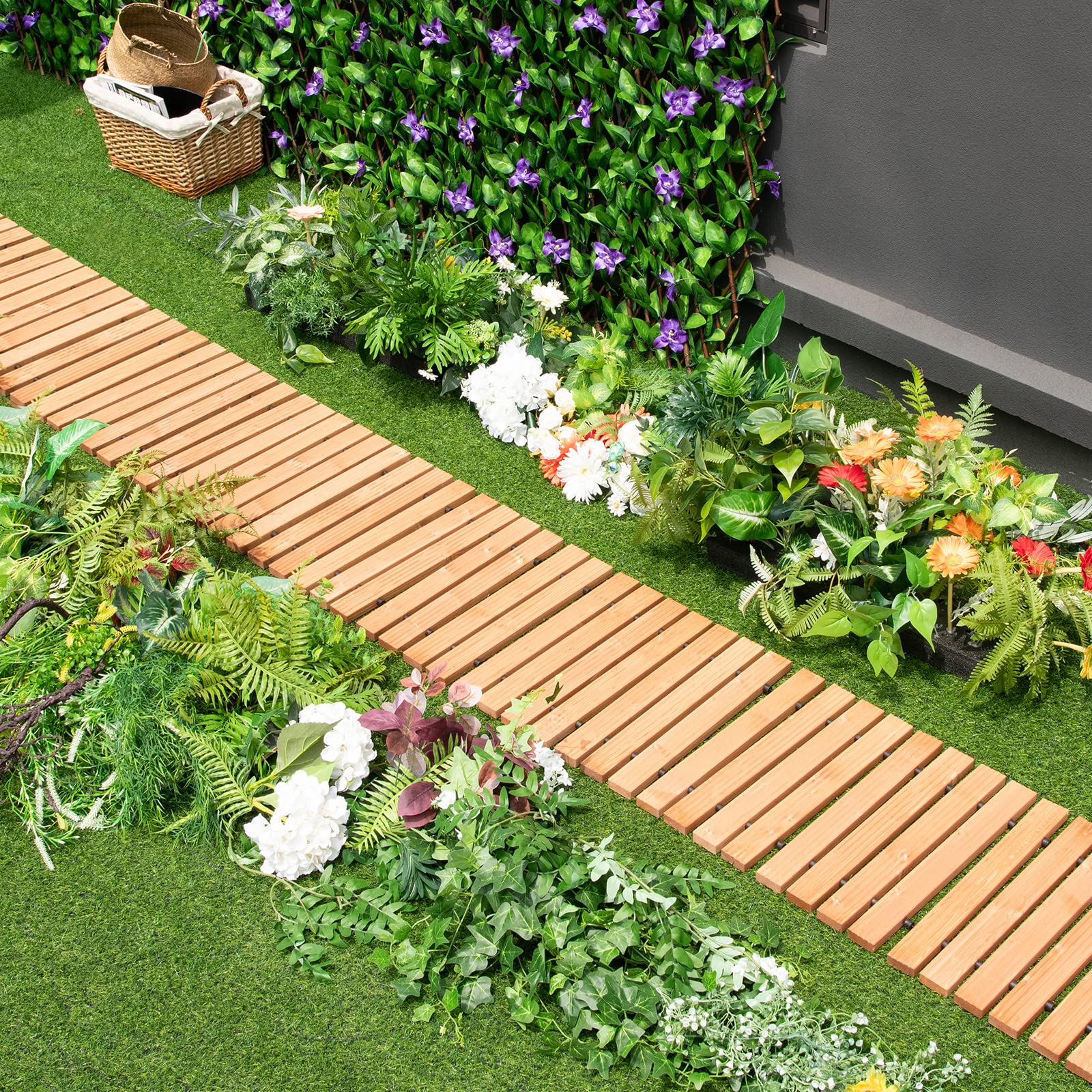 COSTWAY Passerella Arrotolabile per Giardino, Sentiero da Giardino con Filo di Ferro e Consistenza Antiscivolo Resistente alle Intemperie, Percorso in Legno per Cortile e Spiaggia (245 x 43 x 2 cm)