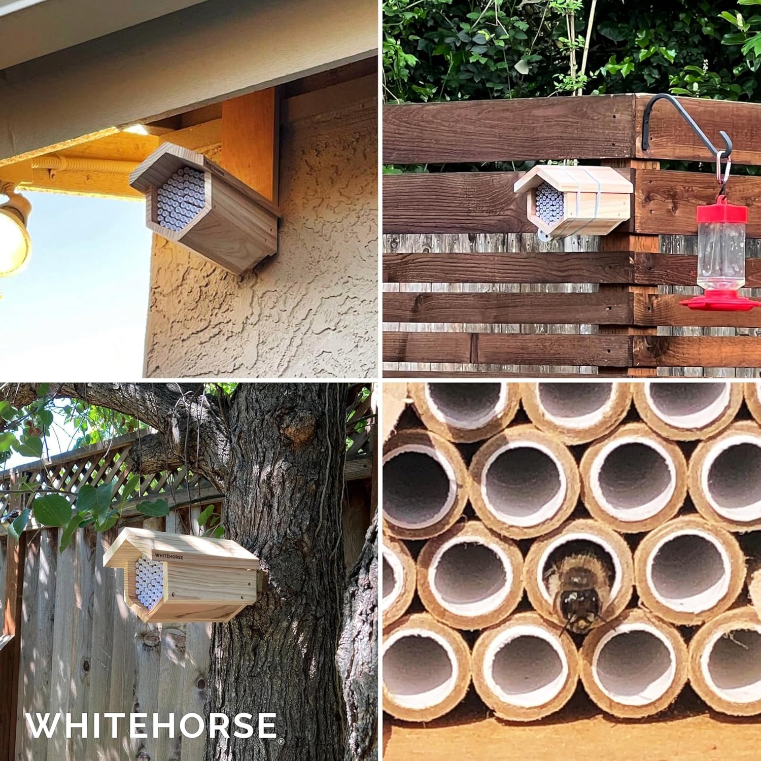 WHITEHORSE Premium Cedar Bee House - 6” Long Replaceable Tubes - Perfect for Mason Beekeeping - an Insect Hotel Built to Last - Support Bees While Pollinating Your Garden (Paper Tubes)