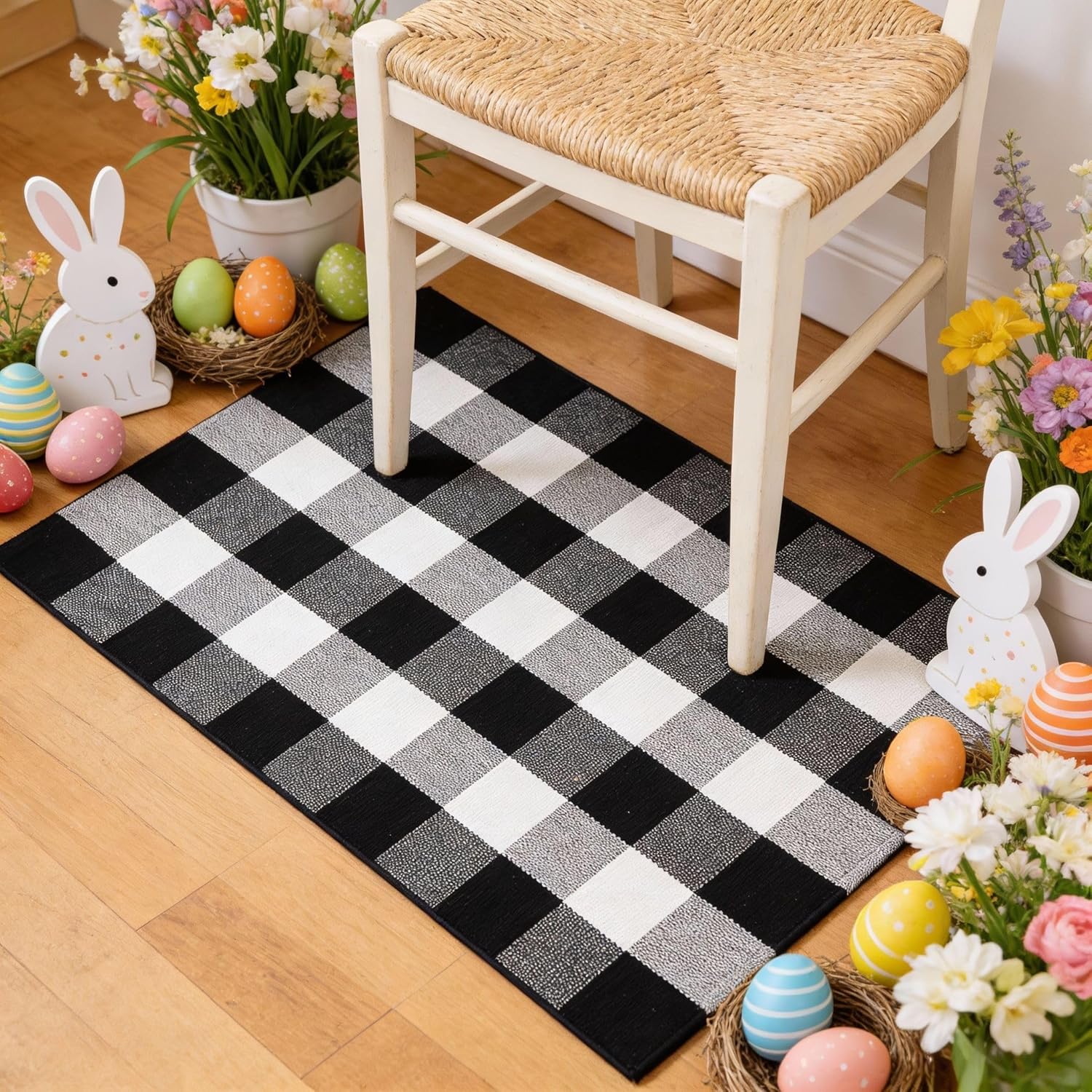 HunnmingRe 3 Pcs Black and White Striped Rug 27.5'' x 43'' Buffalo Plaid Outdoor Rug Front Door Mat Washable Cotton Farmhouse Mat Plaid Checkered Carpet for Indoors, Layered, Porch, Farmhouse