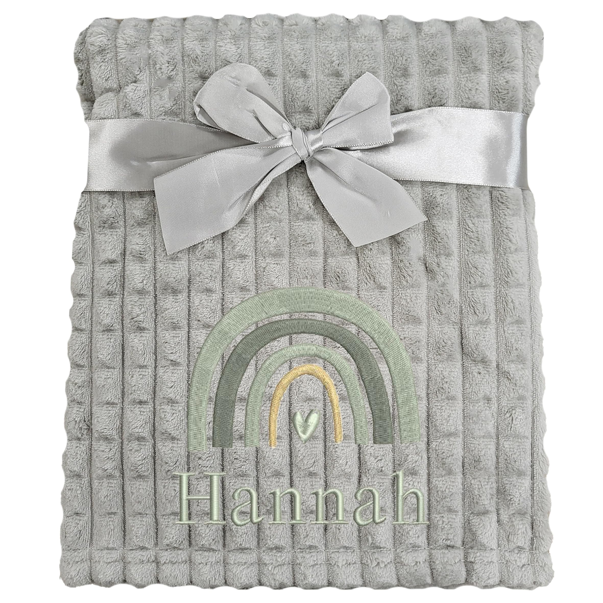 Personalised Baby Blanket Embroidered Rainbow & Name Soft Fleece Wrap (Grey Rainbow Grey Squares)