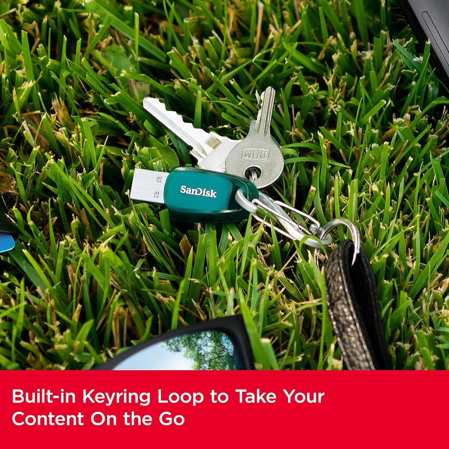 SanDisk Ultra Eco USB Flash Drive attached to a keyring with keys