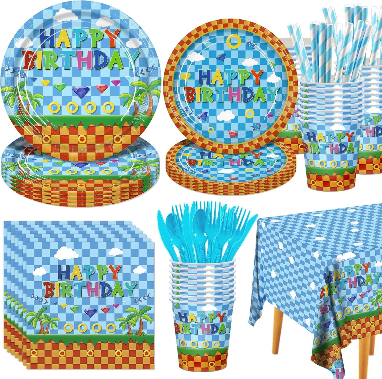 hedgehog birthdays party supplies tableware kit - 161piece video game kids party decorations with thrilling hedgehog plates, cups, cutlery, napkins, shimmer tablecloths for kids gaming theme parties hedgehog tableware