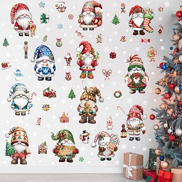 Fayoo Christmas Wall Stickers, 12 Sheets Xmas Gnome Snowflakes Decals