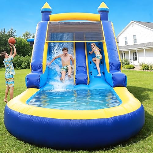 Inflatable Water Slide Commercial Grade: Water Bounce House for Adults and Teenagers - Big Pool, Premium PVC, Wet & Dry, Blower Included - for Backyard Outdoor Birthday Party, Castle Style