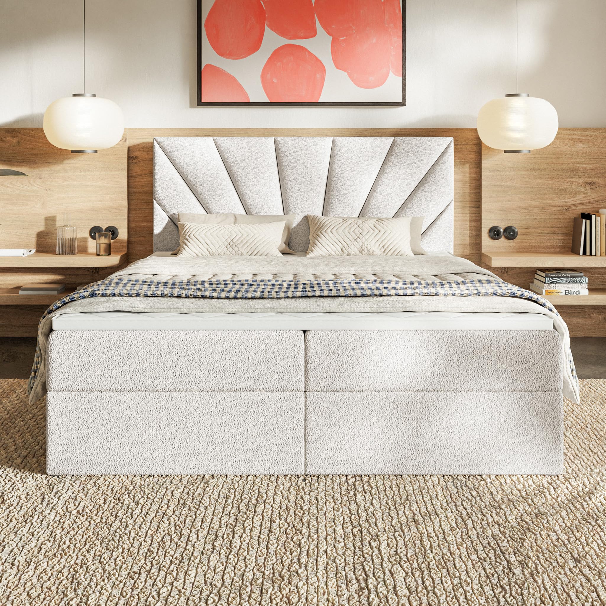 MOTIVENA Aspen Lit Boxspring 120x200 Complet avec Matelas (Ressorts Bonnell H4) et Surmatelas (Mémoire de Forme H2), avec Rangement, Bouclé, avec Tête de Lit Coffre 120x200 Blanc Lait