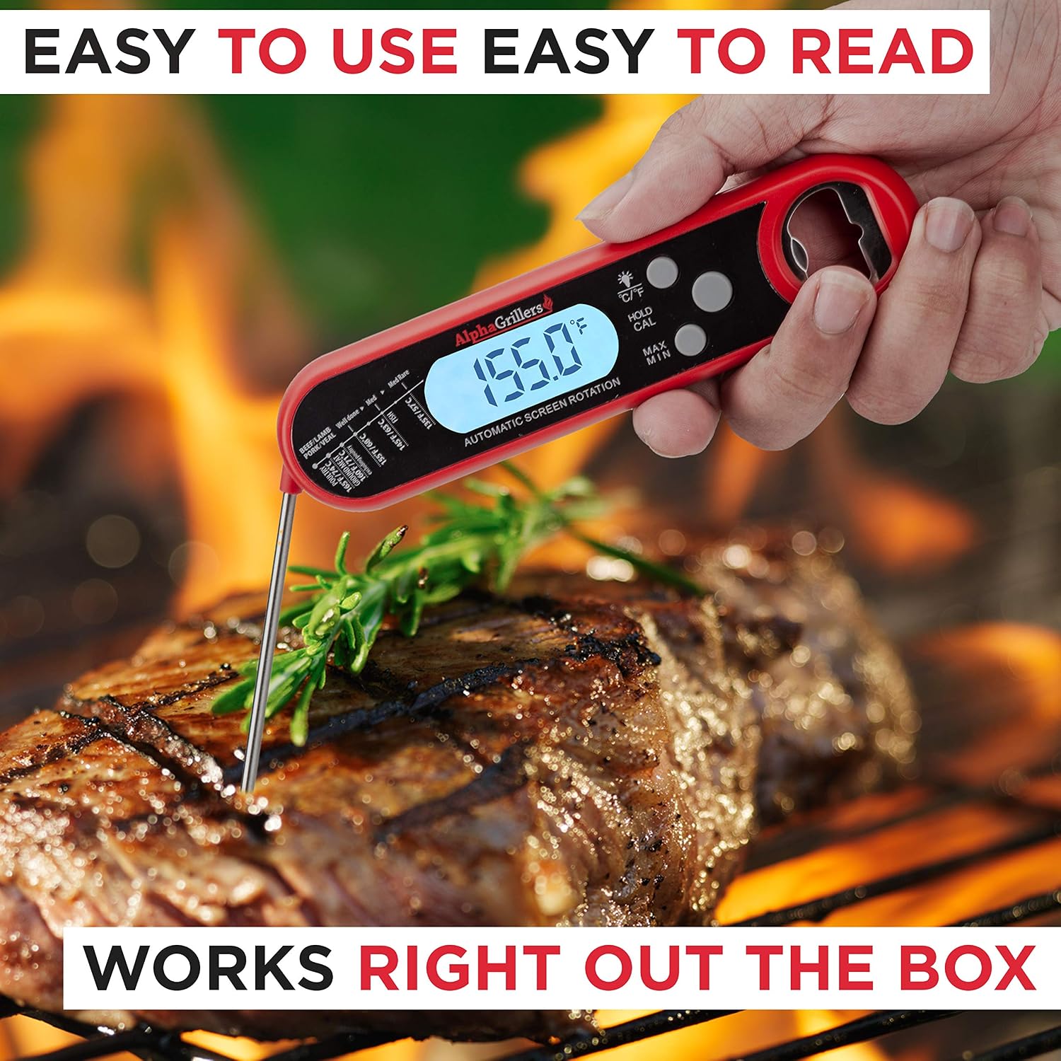 Alpha Grillers Instant Read Meat Thermometer for Grill and Cooking. Best Waterproof Ultra Fast Thermometer with Backlight & Calibration. Digital Food Probe for Kitchen, Outdoor Grilling and BBQ! - Red