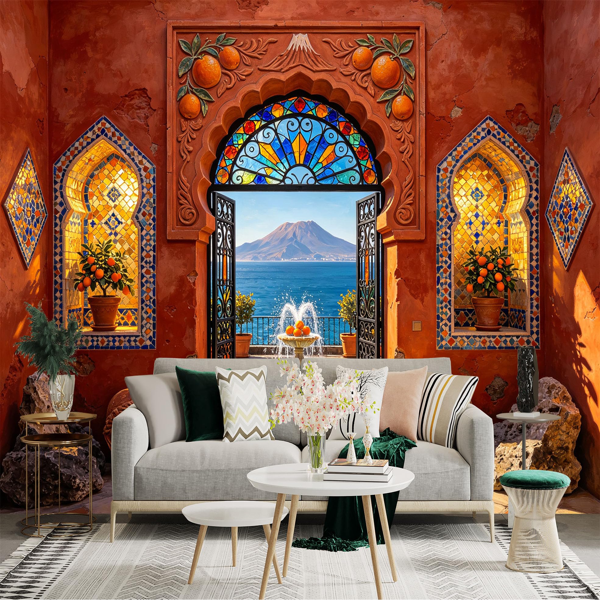 Custom Size Wall Sticker Mural， Mediterranean Courtyard with Mosaic Arch， Fountain and Sea View， for wall Decoration， peelandstick wall Decals.