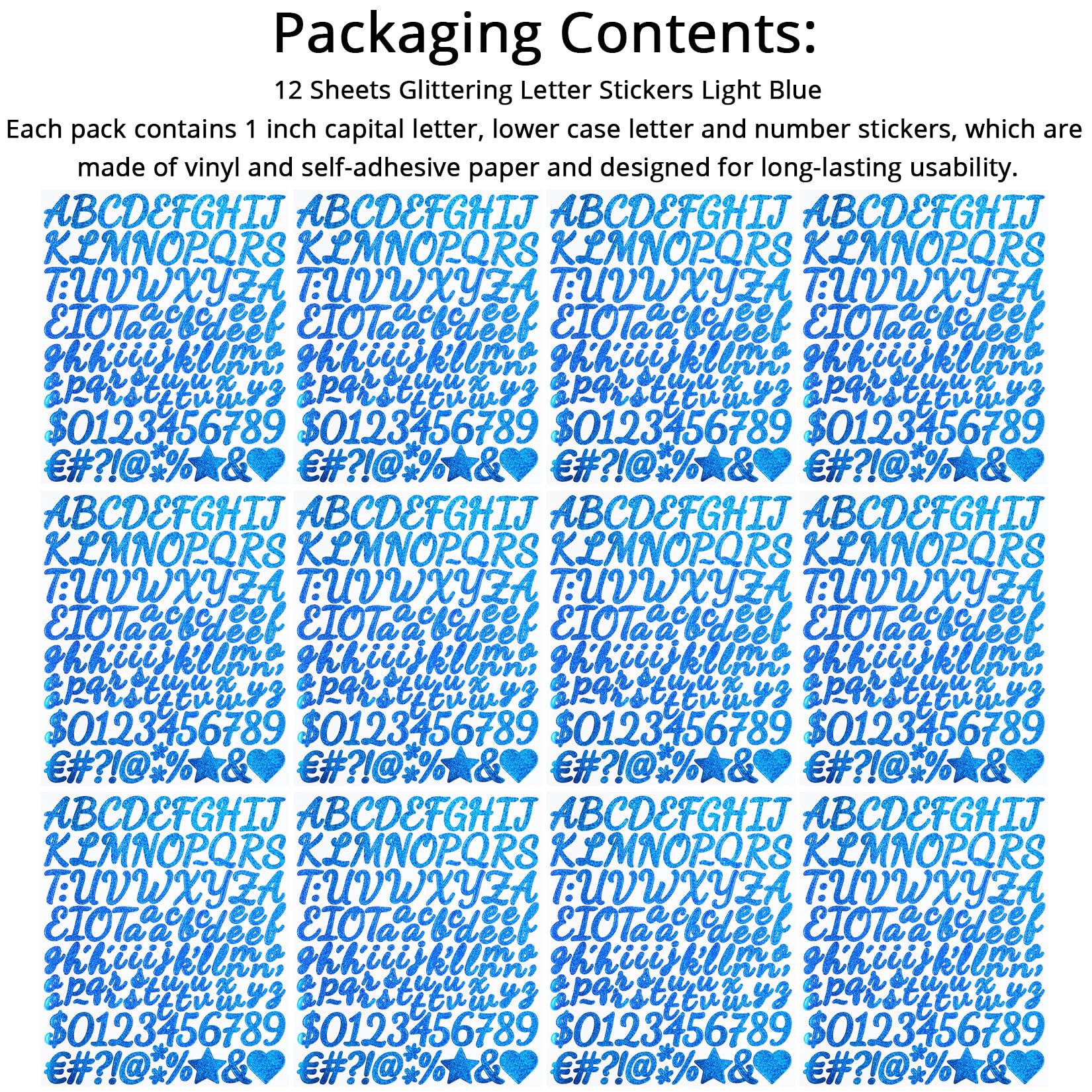 1248 calcomanías con purpurina para números de letras, 1 pulgada con símbolo del alfabeto brillante para álbumes de recortes, tarjetas de felicitación, bricolaje, azul claro