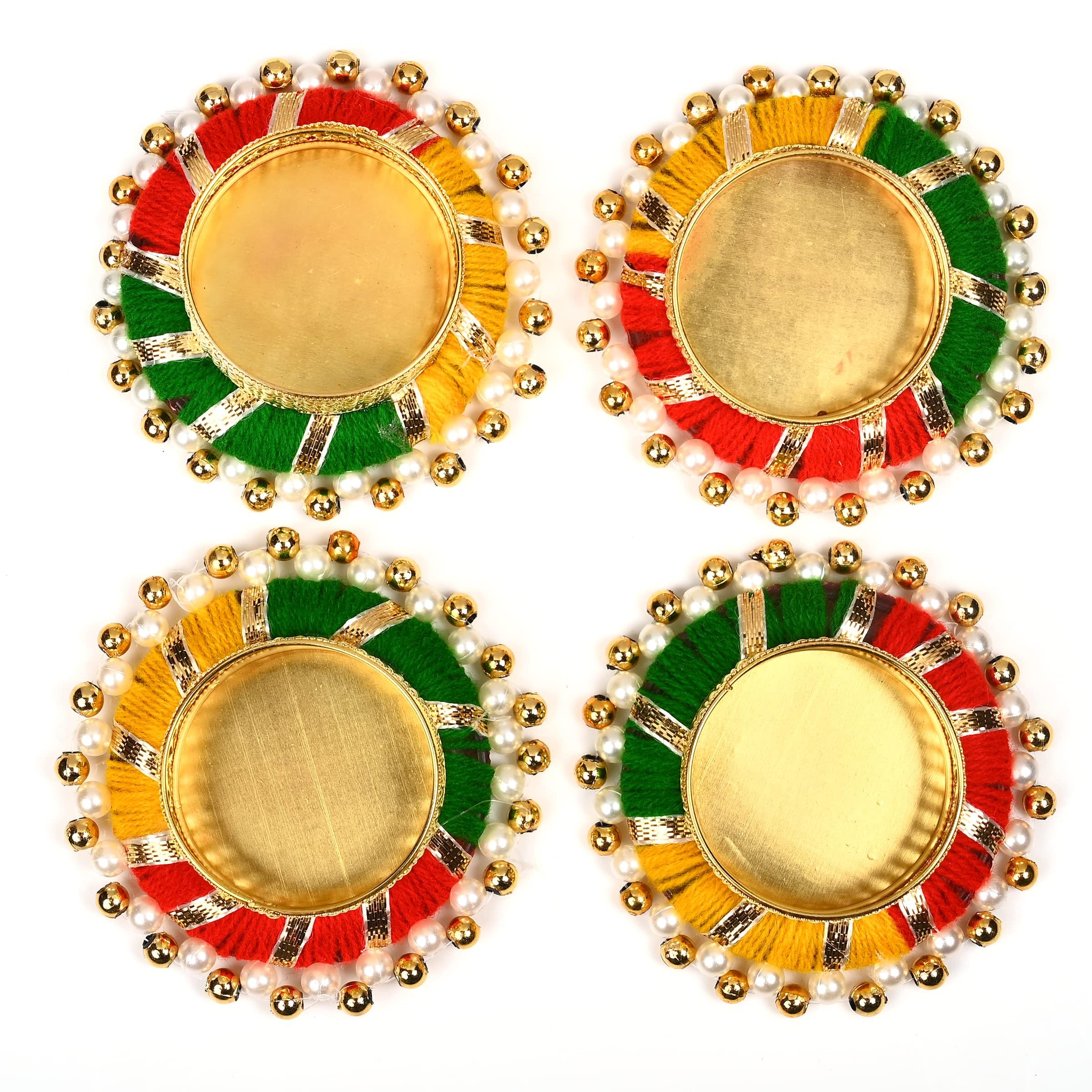 Set of 4 Colorful Jute Ring Moti Beads T Light Holder Candle Stand Tealight T-Light Holders Lightning Festival New year Decorations Lighting Accessories Wedding Home Decor (Without Wax)(Size:- 4")
