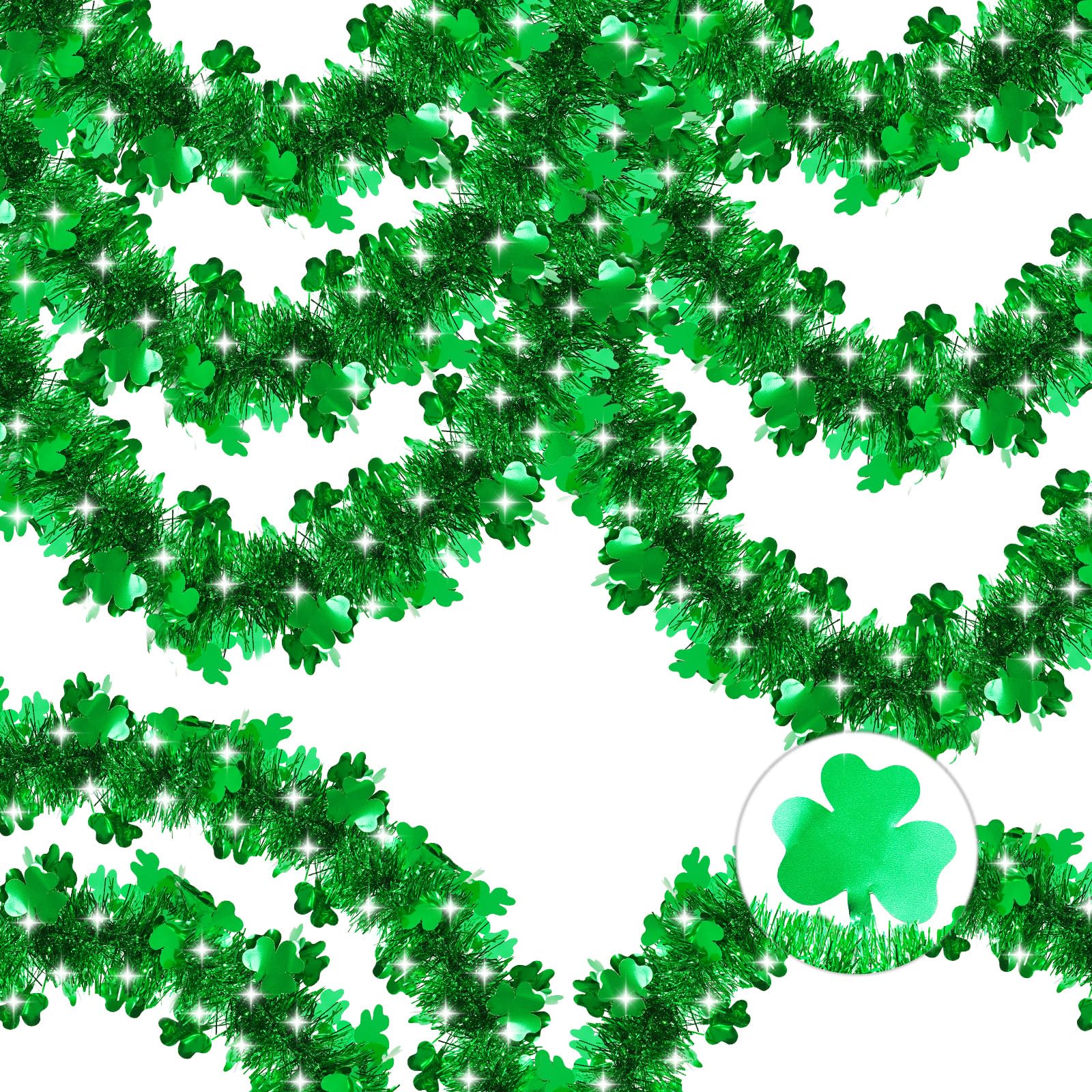 50FT St Patrick's Day Tinsel Garland, Green Shamrock Tinsel Garland Clover Tinsel Twist Hanging Garland for Outdoor Indoor Home Tree Room Holiday