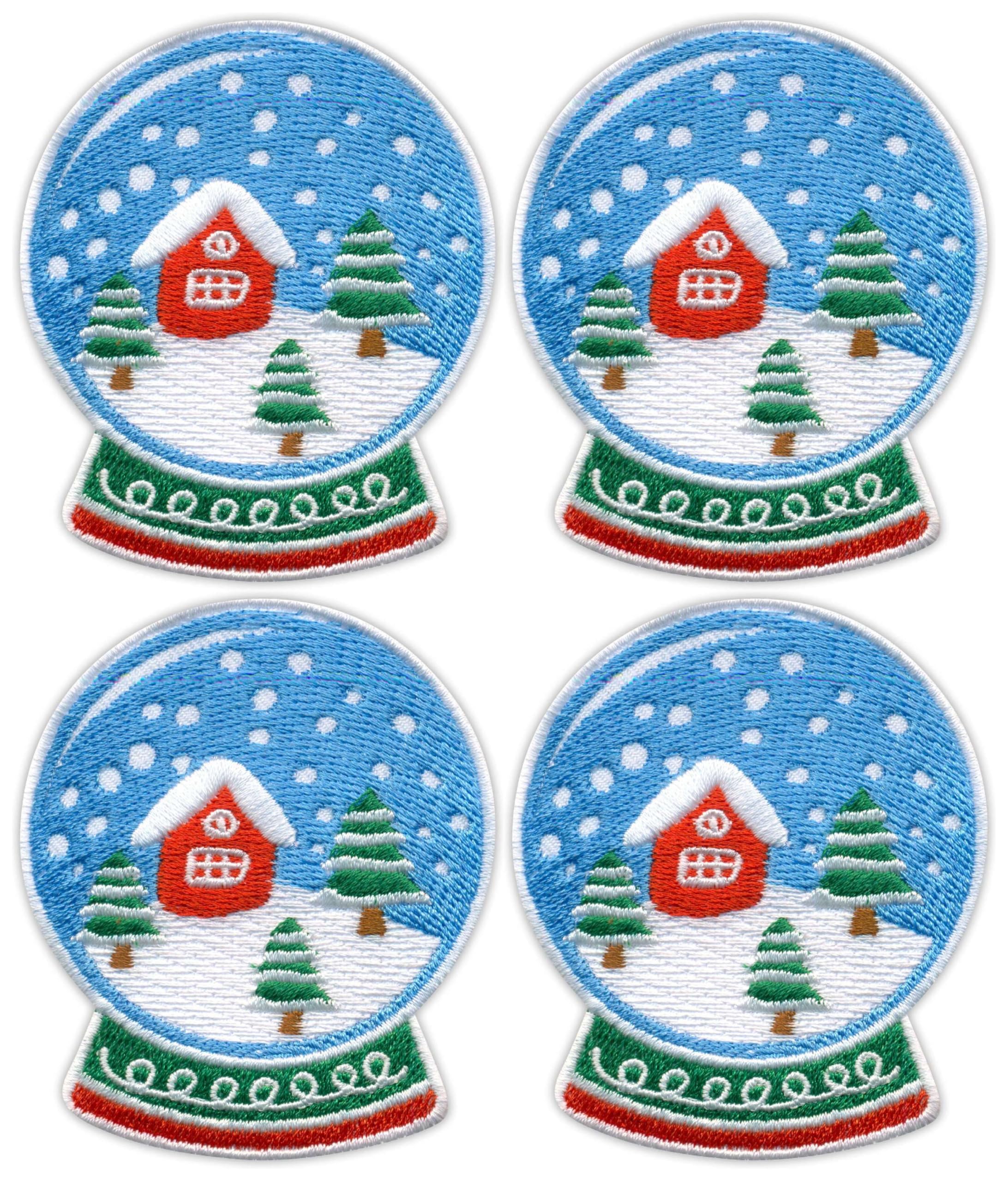 Juego de cuatro – Globo de nieve de Navidad de invierno – Parte trasera de sellado térmico – Parche bordado/insignia/emblema