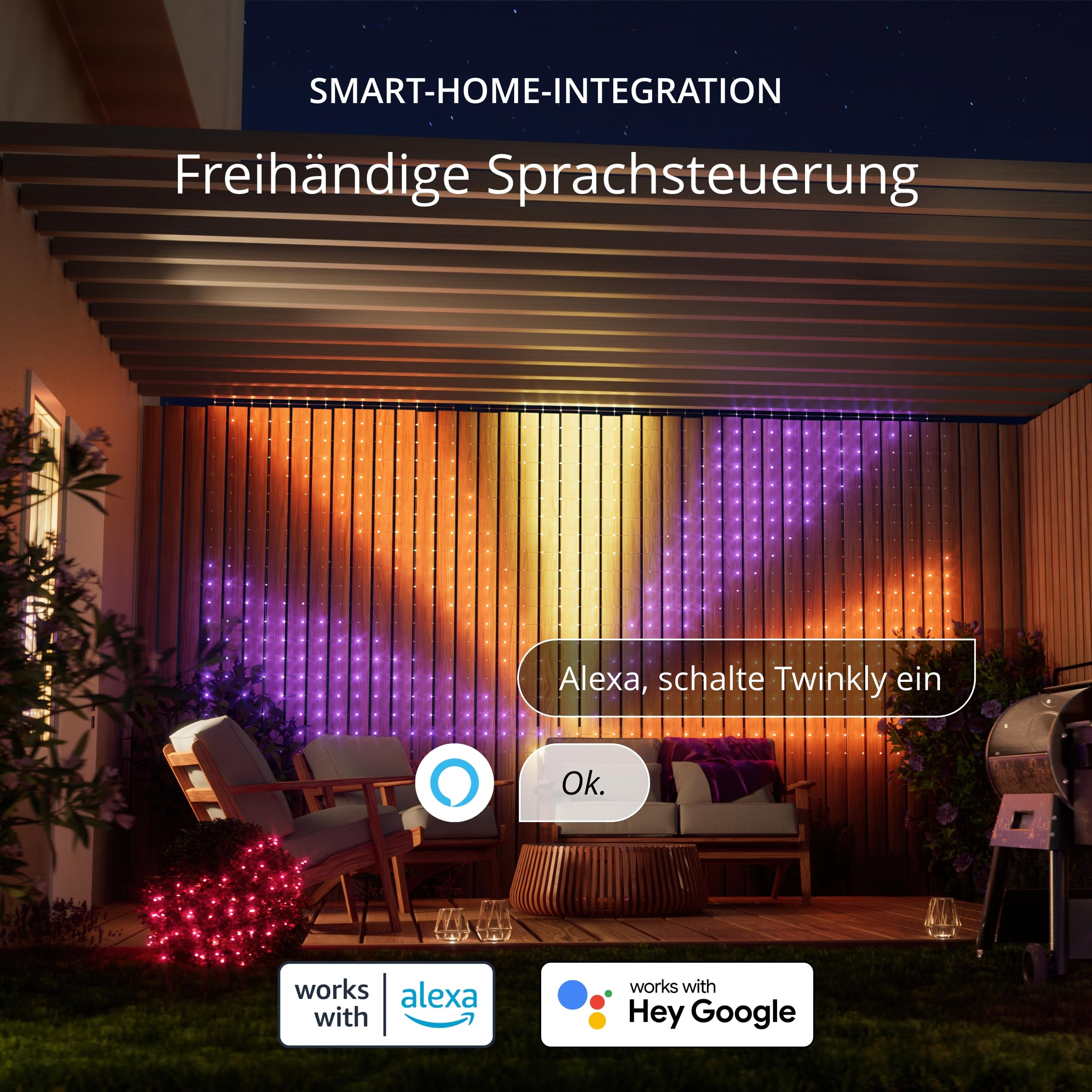 Twinkly Netzlichter, Flexibles LED-Gitter mit 260 RGB-LEDs, Lichtstreifen für Drinnen und Draußen, Kompatibel mit Alexa, Google Home, IP44, App-Steuerung, Transparentes Kabel, 1,2 m x 1,9 m