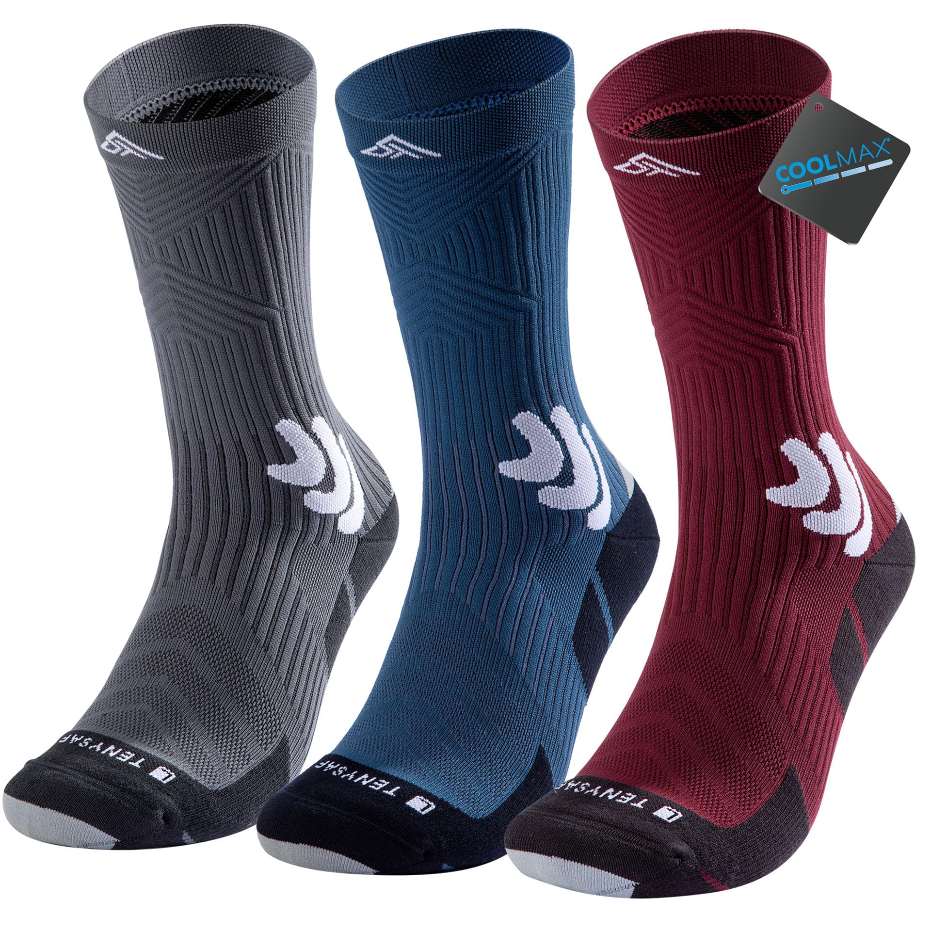 Lounwee Coolmax Kompressions Laufsocken für Herren: Crew Sportsocken mit Belüftungsnetz Schweißableitend for Wandern Sport
