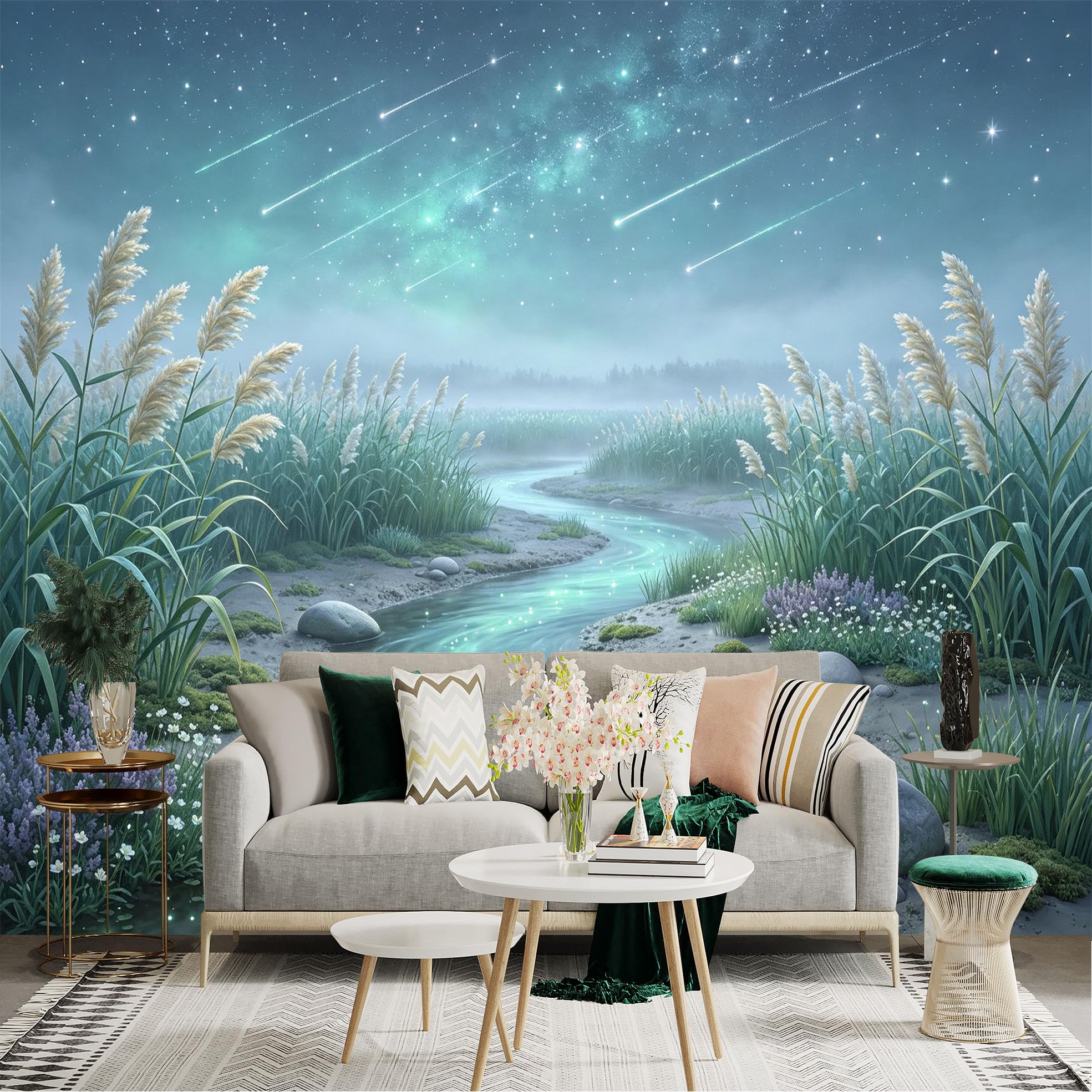 Lnzczhyre Bh260719099 Custom Size Wall Sticker Mural， Dreamy River Landscape， Sparkling Night Sky With Shooting Stars， Ethereal Nature Scene， For Wall Decoration， Peelandstick Wall Decals.