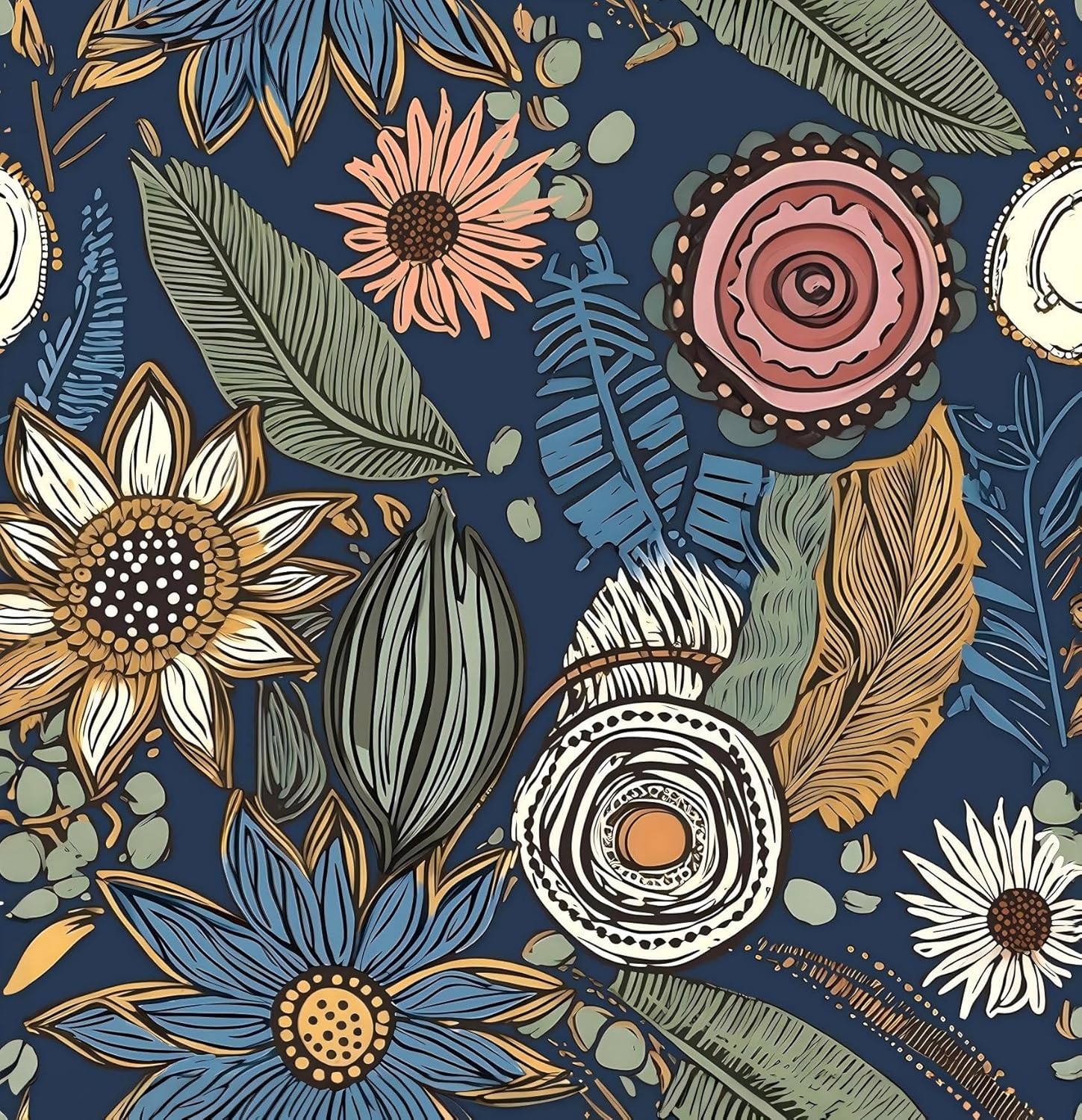 Boho Wallpaper Peel and Stick Vintage Floral Wallpaper Self Adhesive Removable Waterproof Blue Contact Paper Renter Friendly Wall Deco for Bedroom Bathroom 17.3''x118''