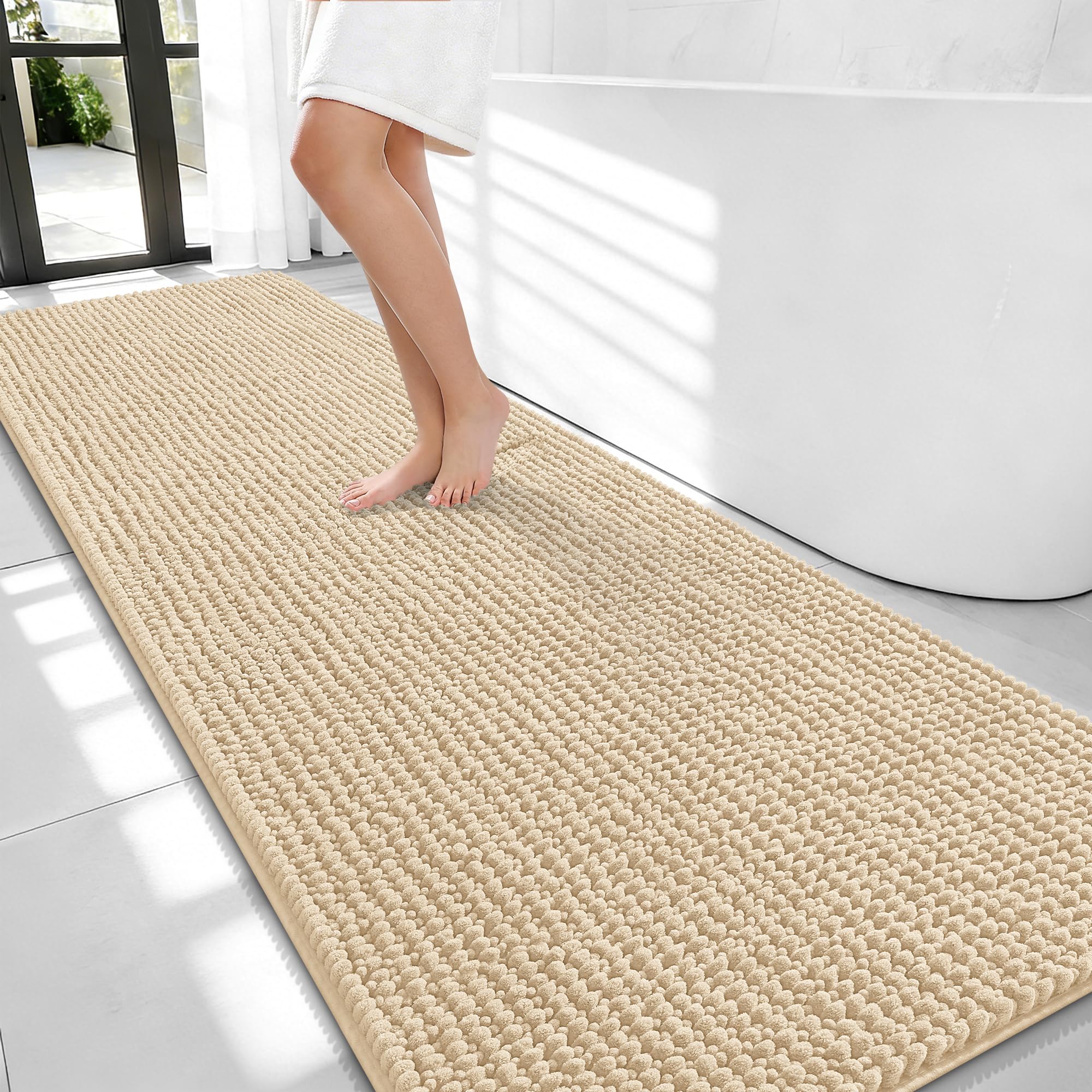 OLANLY Thick Chenille Bathroom Runner Rugs 70x24, Absorbent Bath Mat, Beige