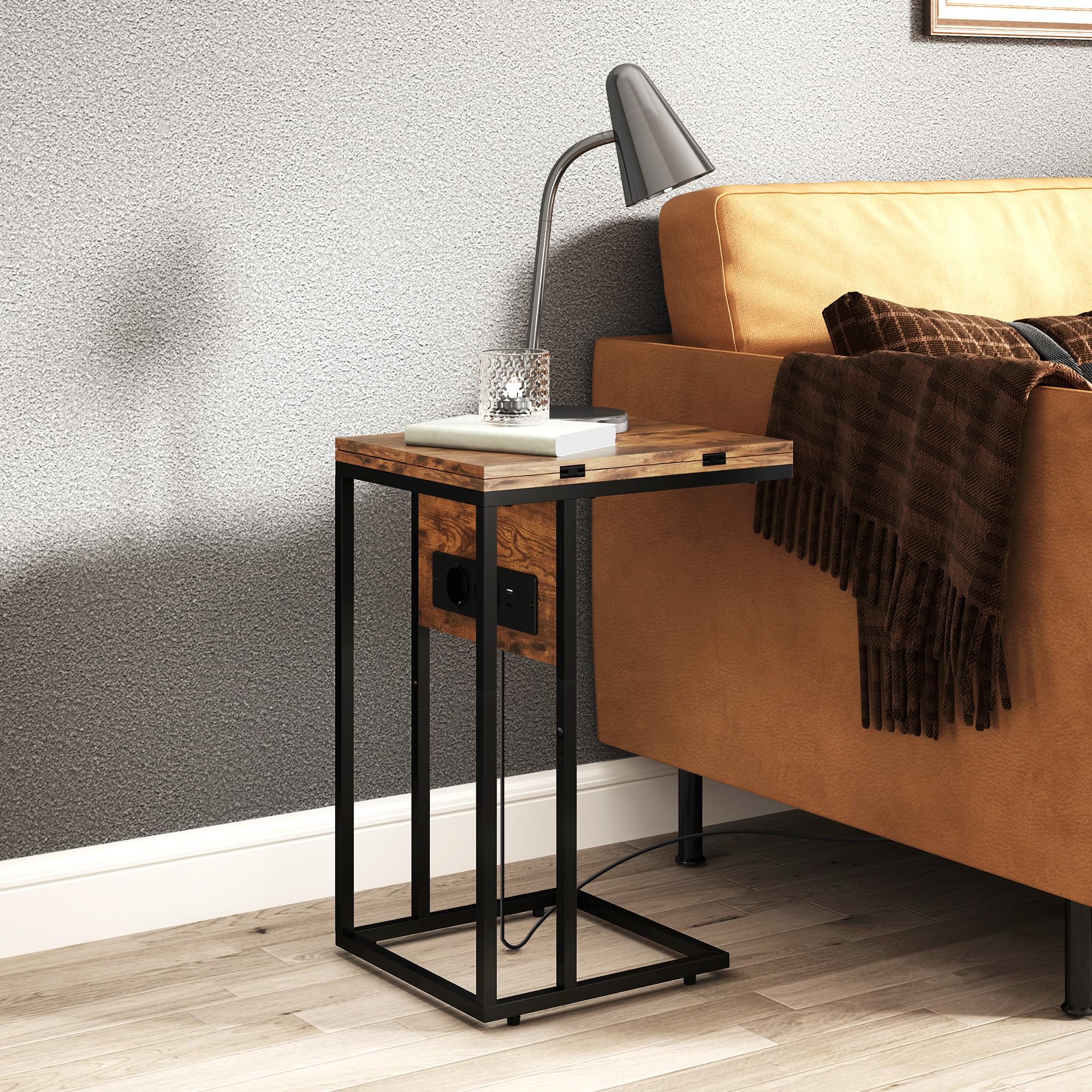 HOMCOM Mesa Auxiliar con Encimera Plegable 39x29x57 cm Marrón Rústico | Mesa Auxiliar para Sofá, Estación de Carga, Forma de C, Puerto USB y USB-C, Salón y Dormitorio