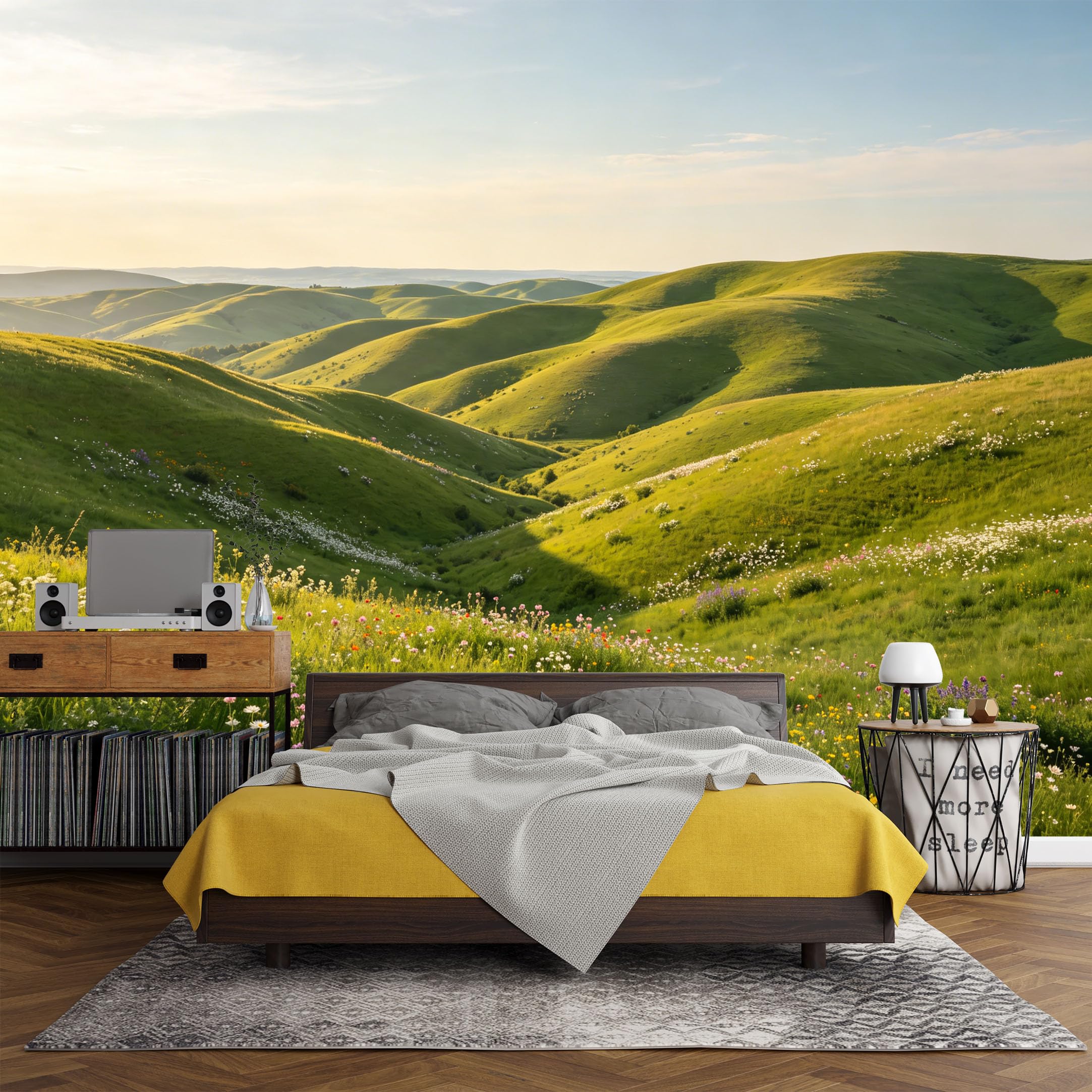 Custom Size Wall Mural， Landscape Green Hills Meadow Wildflowers Sunset Valley，SelfAdhesive Art Prints wall Fabric (No PVC) Removable Wallpaper Living Room Decor