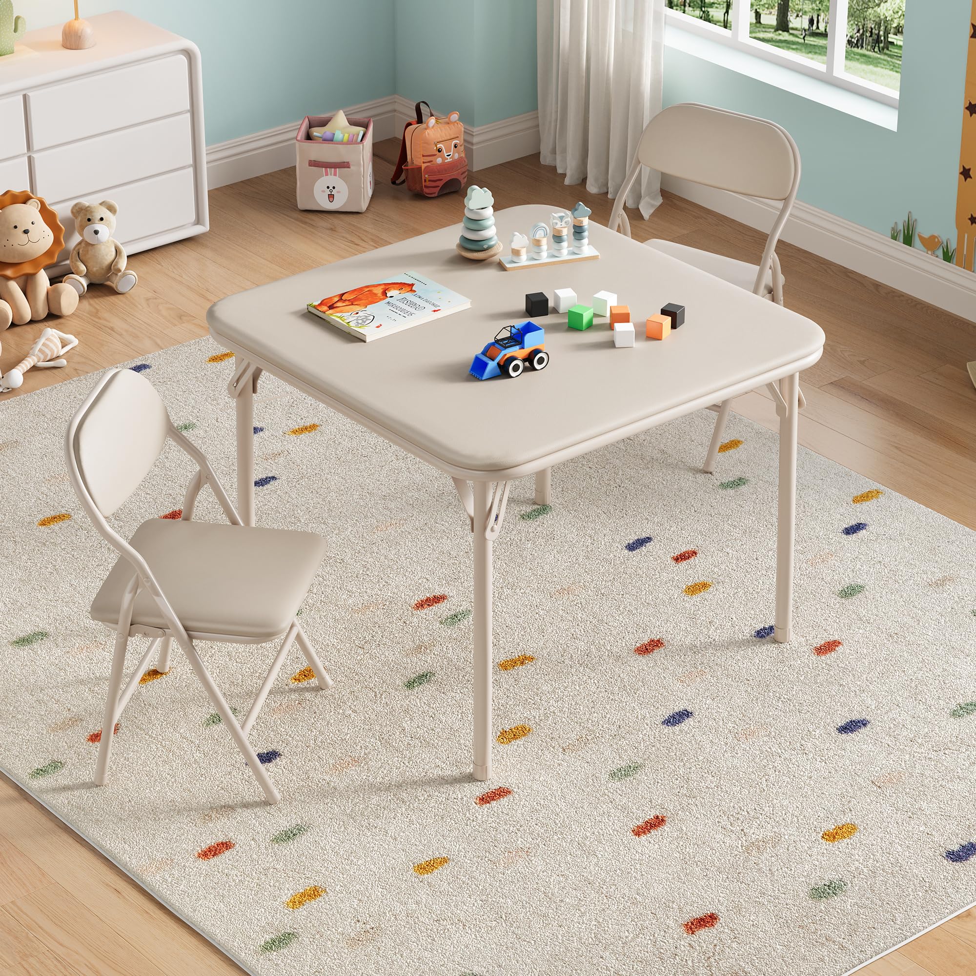 3-Piece Kids Folding Table and Chairs Set, Children's Upholstered Square Card Table & Soft Cushion Chairs, Toddler Activity Furniture, Metal Frame, Ideal for Daycare Classrooms Playtime Learning