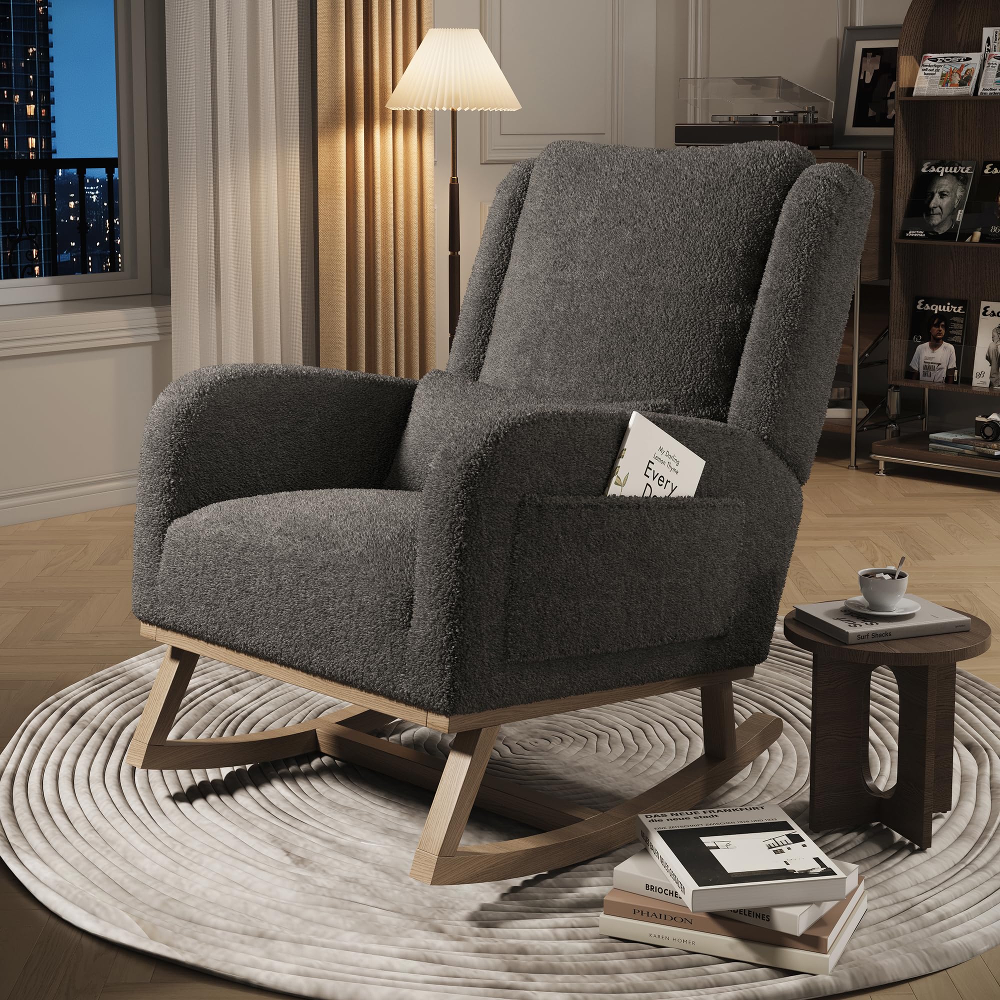 Silla Mecedora, Sillas Mecedoras de Salón, Silla de Lectura con Bolsillos de Almacenamiento en Ambos Lados, Silla Mecedora con Patas de Madera Maciza, 96x94x70cm, Terciopelo Teddy, Gris