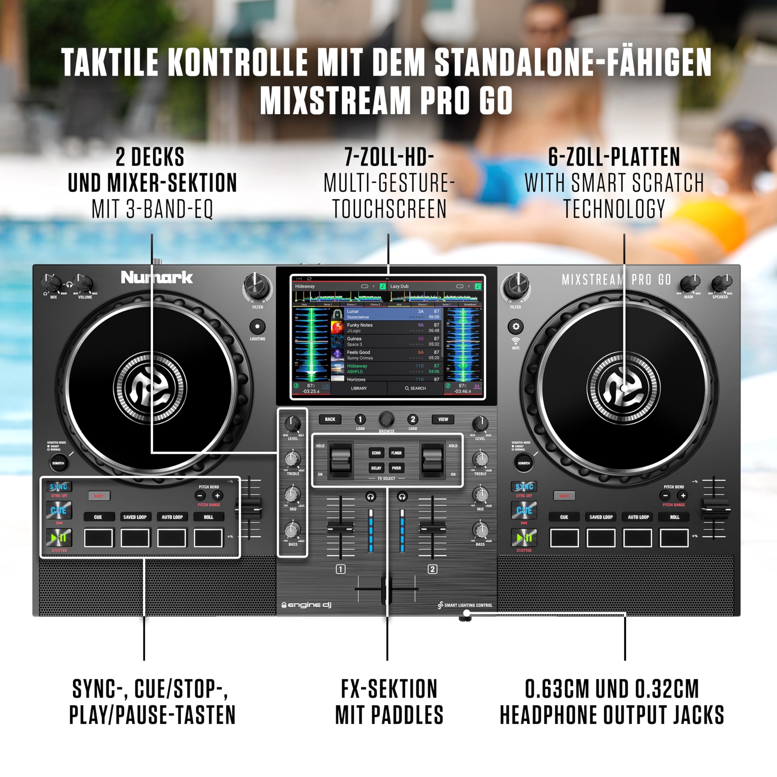 Numark Mixstream Pro Go Tragbarer DJ-Controller mit Akku, Mixer mit Stem-Trennung, Lautsprecher, WLAN-Streaming, Touchscreen, kompatibel mit Serato DJ