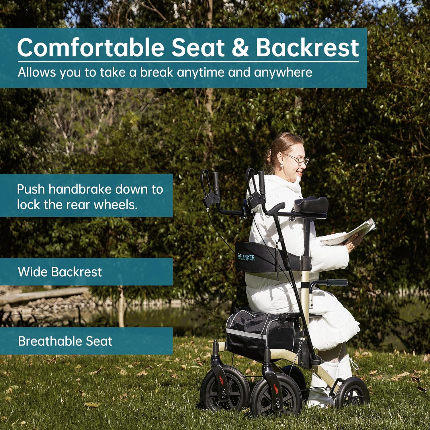 ELENKER All-Terrain Upright Rollator Walker, Stand up Rolling Walker with Seat, 12” Non-Pneumatic Tire Wheels, Compact Folding Design for Seniors, Champagne - Image 3