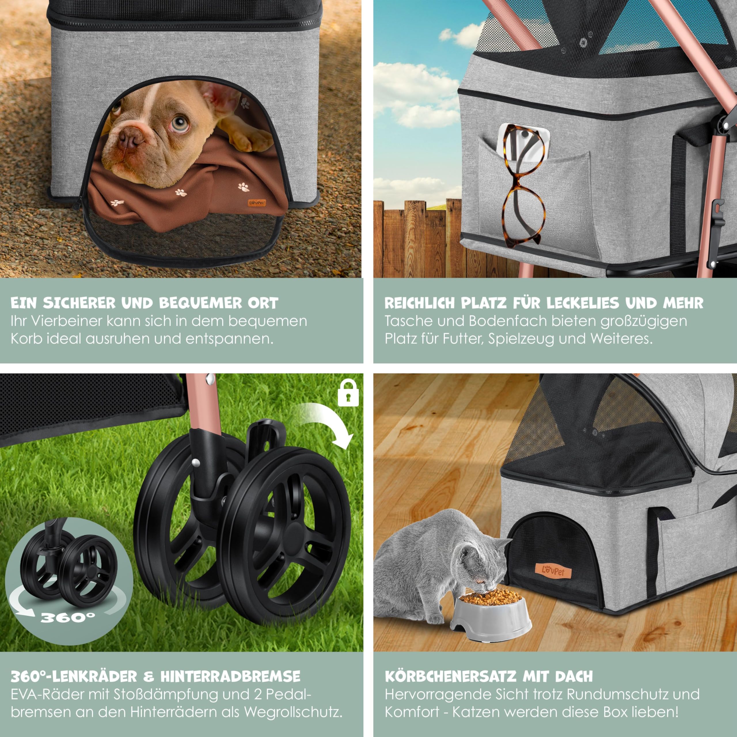LOVPET® Hundewagen 2in1 Hundebuggy Hundebox Tragetasche Faltbar klappbar bis 20kg, mit 360°Drehrädern Inkl. Netzfenstern Getränkehalter, Regenschutzabdeckung & Kuscheldecke, Jogger Buggy für Haustiere