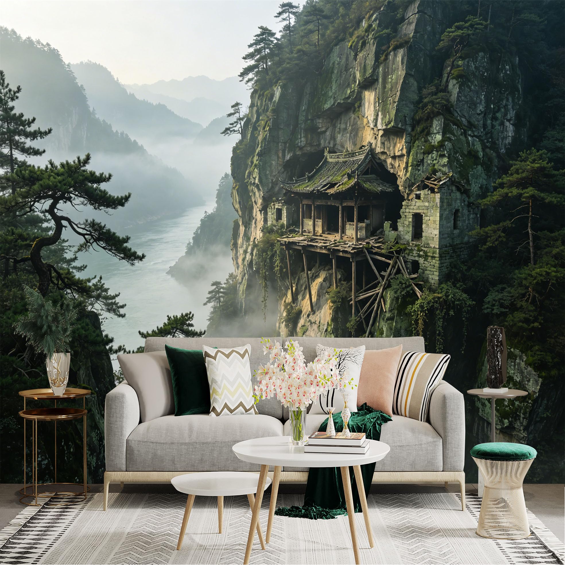 Custom Size Wall Sticker Mural， Ancient Cliff Temple with Misty Mountains and River View， for wall Decoration， peelandstick wall Decals.