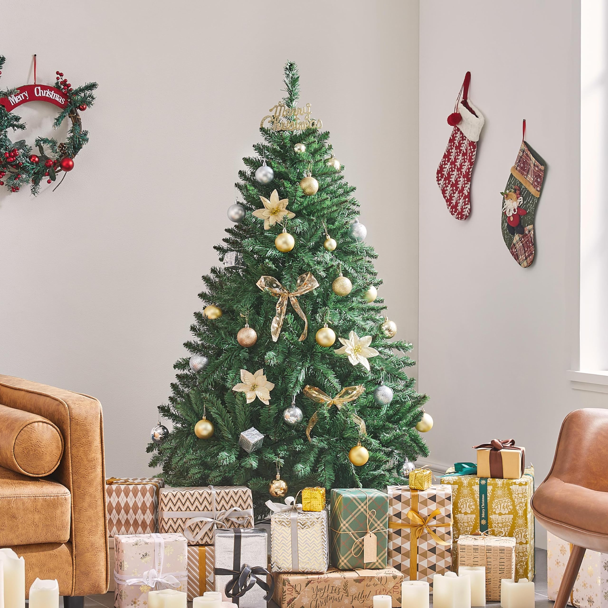 Yaheetech Sapin de Noël Artificiel 152 cm avec 437 Branches, Résistant au Feu, Support Métallique avec Veinures en Bois de Sapin Inclus, Décoration de Noël Fête