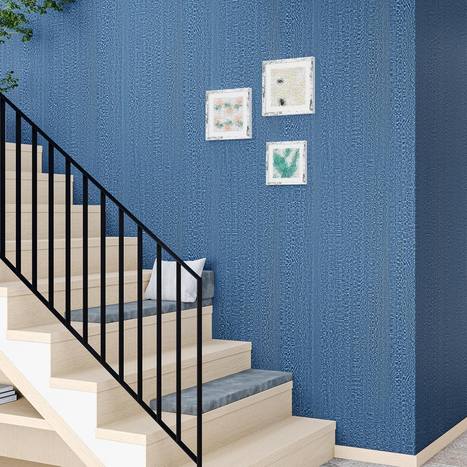 Blue Grasscloth Peel and Stick Wallpaper Linen Fabric Wallpaper 15.7"x472" Self Adhesive Textured Grasscloth Contact Paper Waterproof Decorative Denim Blue Vinyl Wrap for Cabinets Furniture
